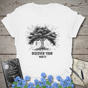 Discover Your Roots T-Shirt in White by Genealogy Keepsakes