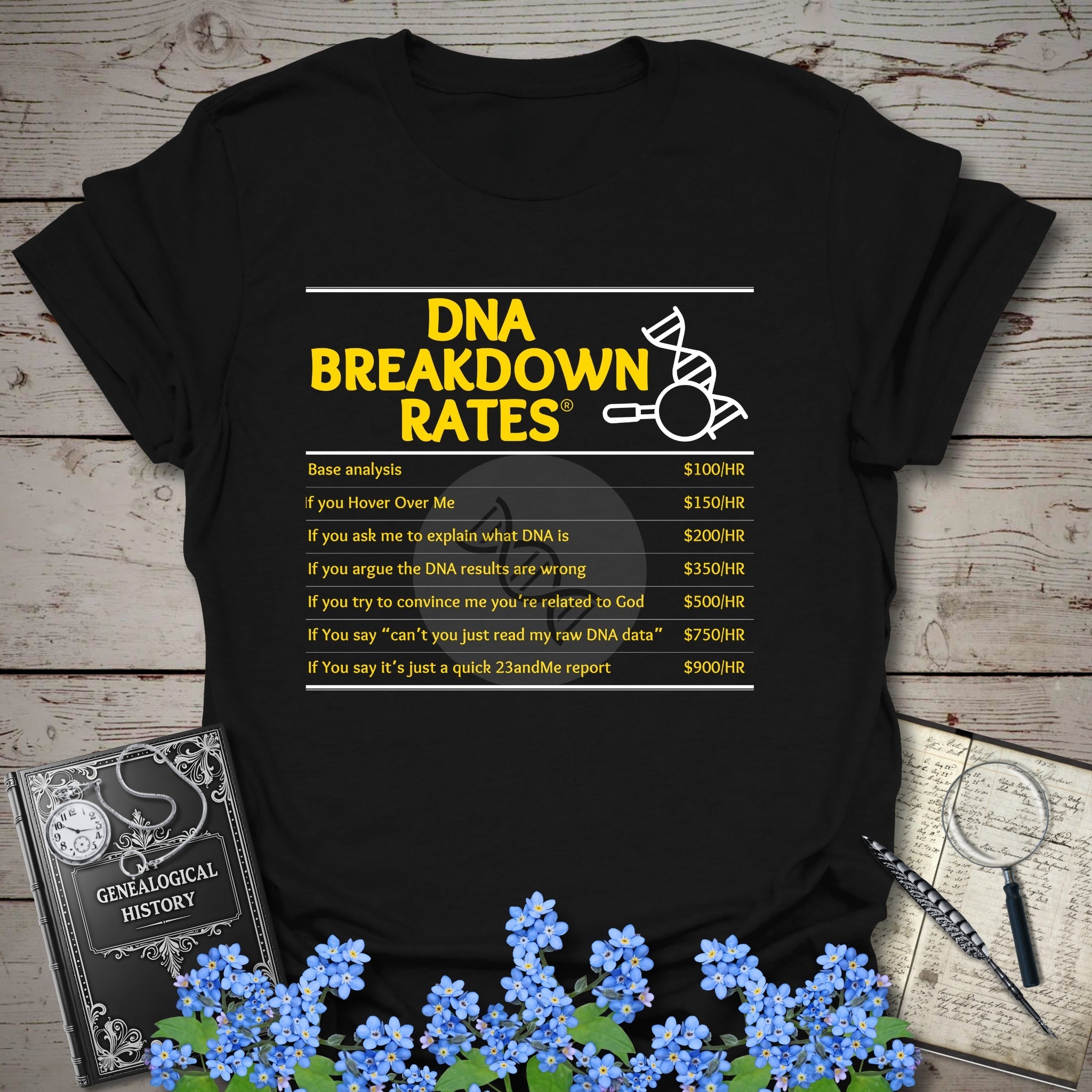 DNA Breakdown Rates T-Shirt in Black by Genealogy Keepsakes