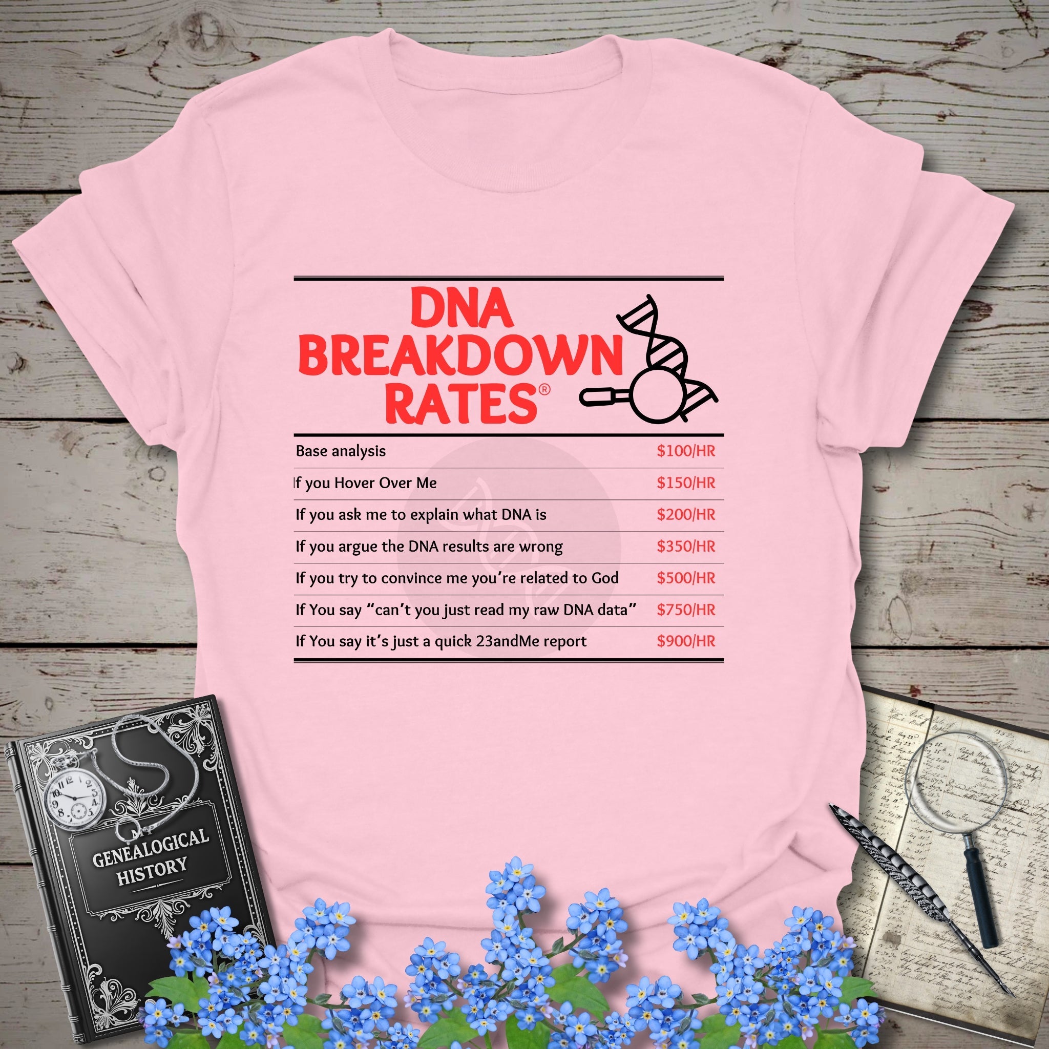 DNA Breakdown Rates T-Shirt in Light Pink by Genealogy Keepsakes