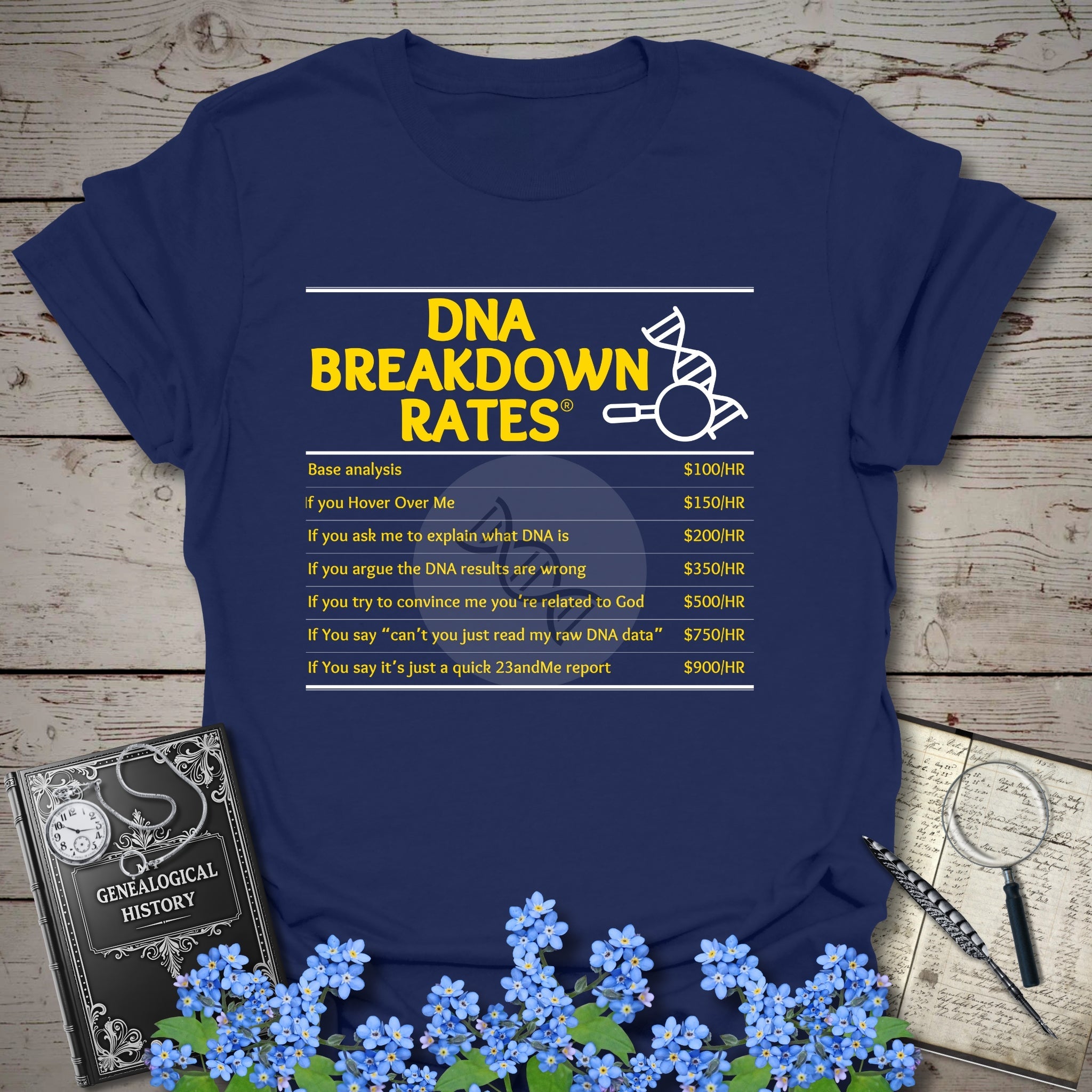 DNA Breakdown Rates T-Shirt in Navy by Genealogy Keepsakes