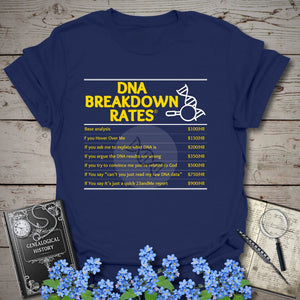 DNA Breakdown Rates T-Shirt in Navy by Genealogy Keepsakes