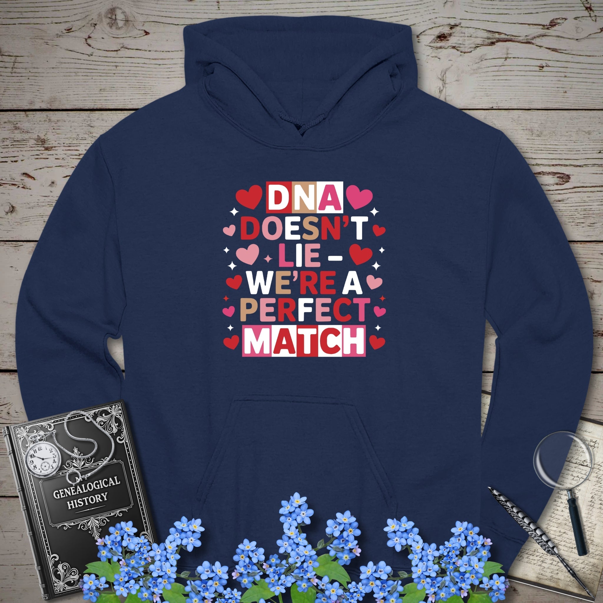 DNA Doesn't Lie - We're A Perfect Match Hoodie in Navy by Genealogy Keepsakes