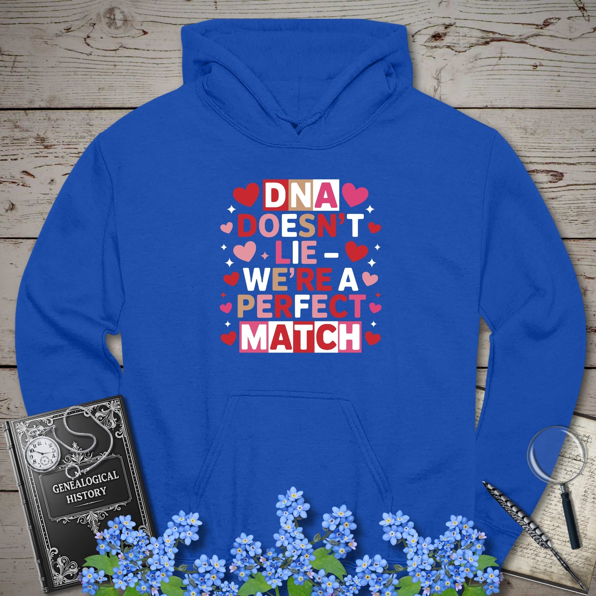 DNA Doesn't Lie - We're A Perfect Match Hoodie in Royal by Genealogy Keepsakes