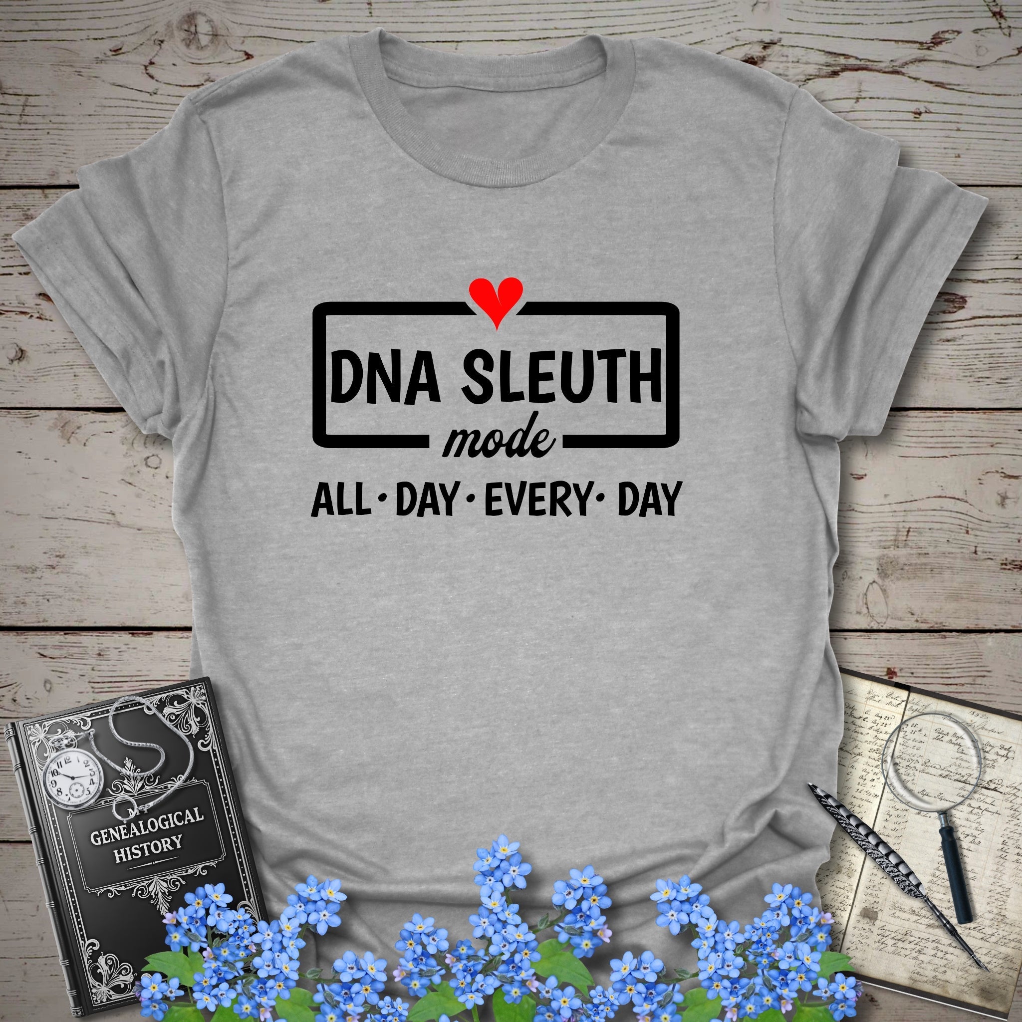 DNA Sleuth Mode T-Shirt in Sport Grey by Genealogy Keepsakes