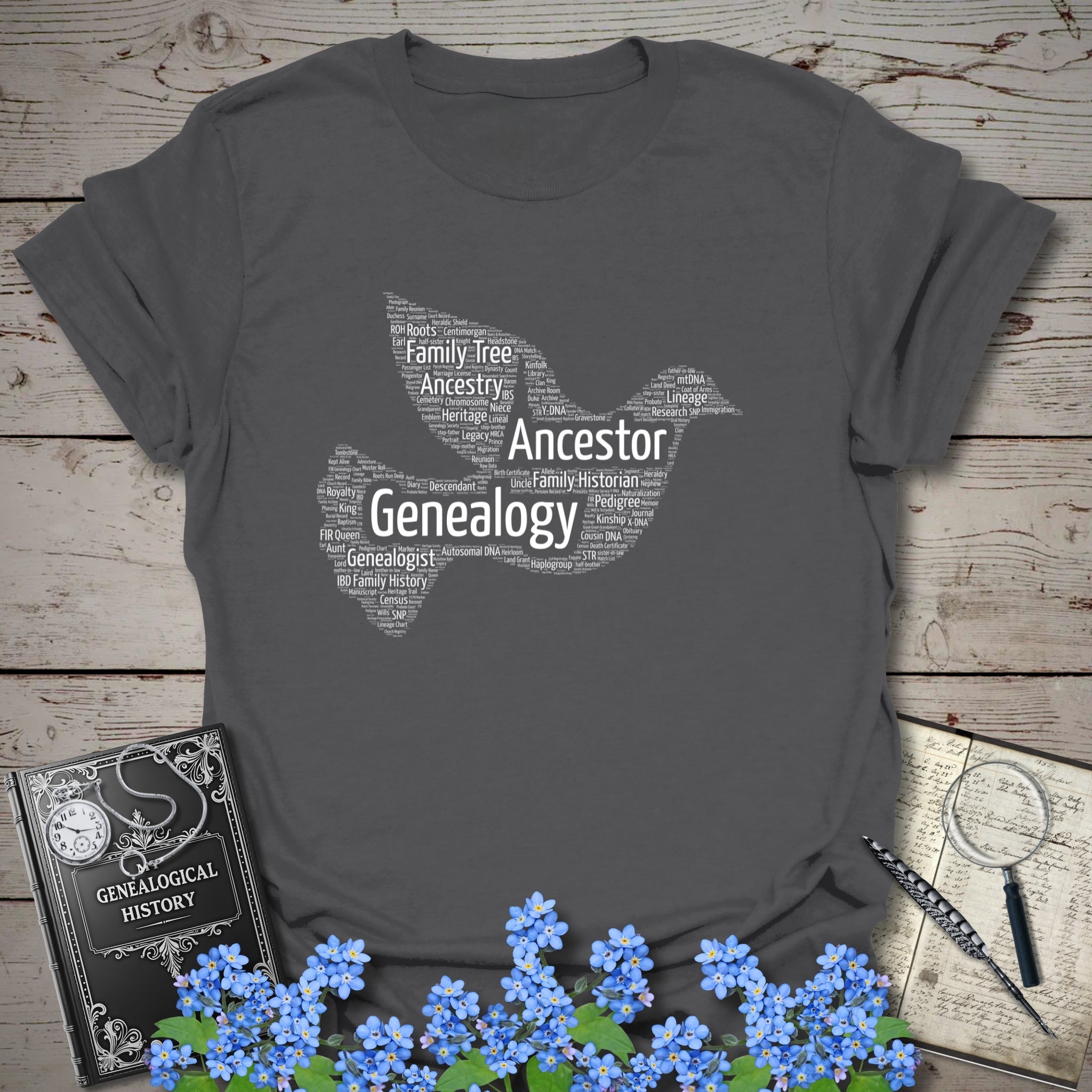 Dove Word Cloud T-Shirt in Charcoal by Genealogy Keepsakes