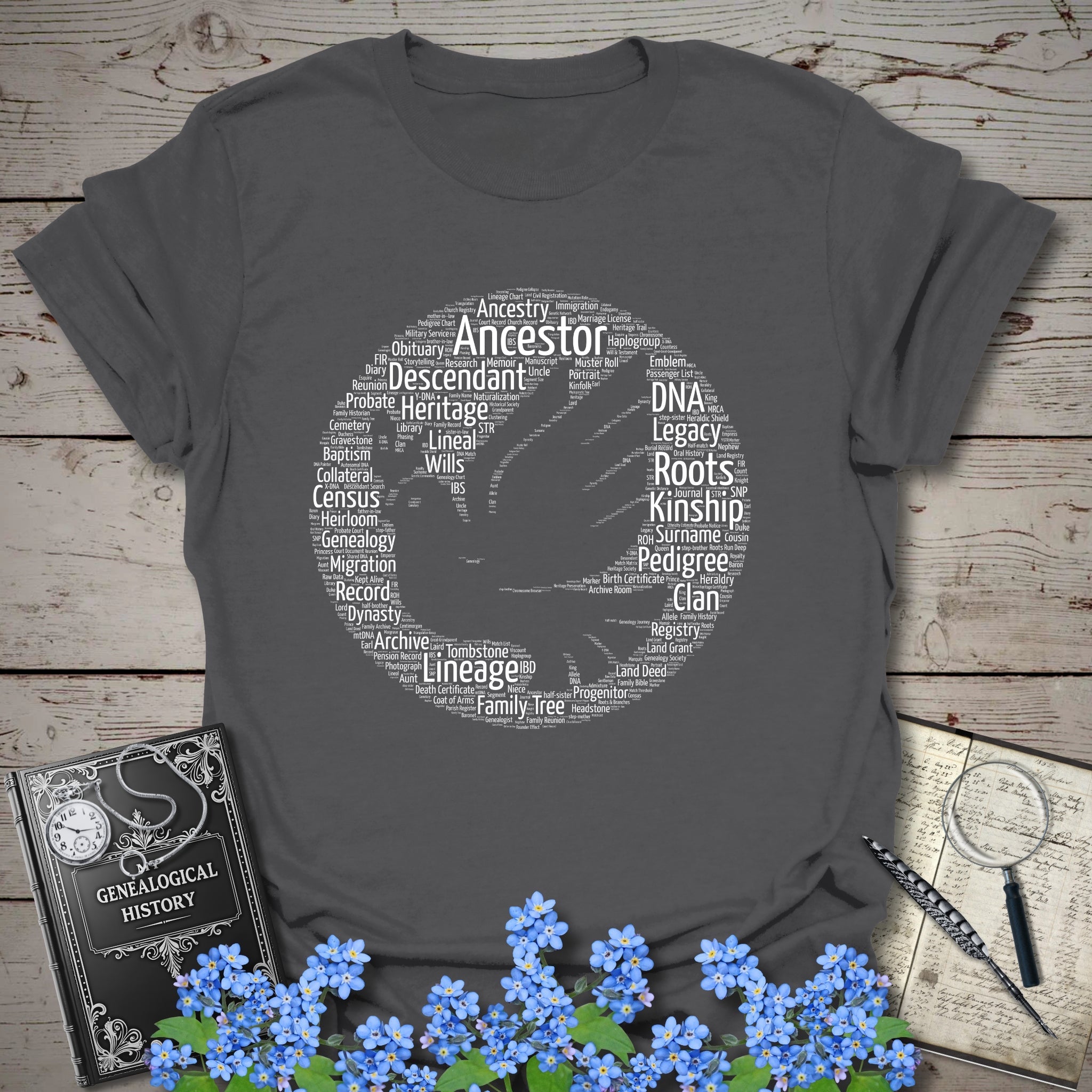 Dove Word Cloud T-Shirt in Charcoal by Genealogy Keepsakes
