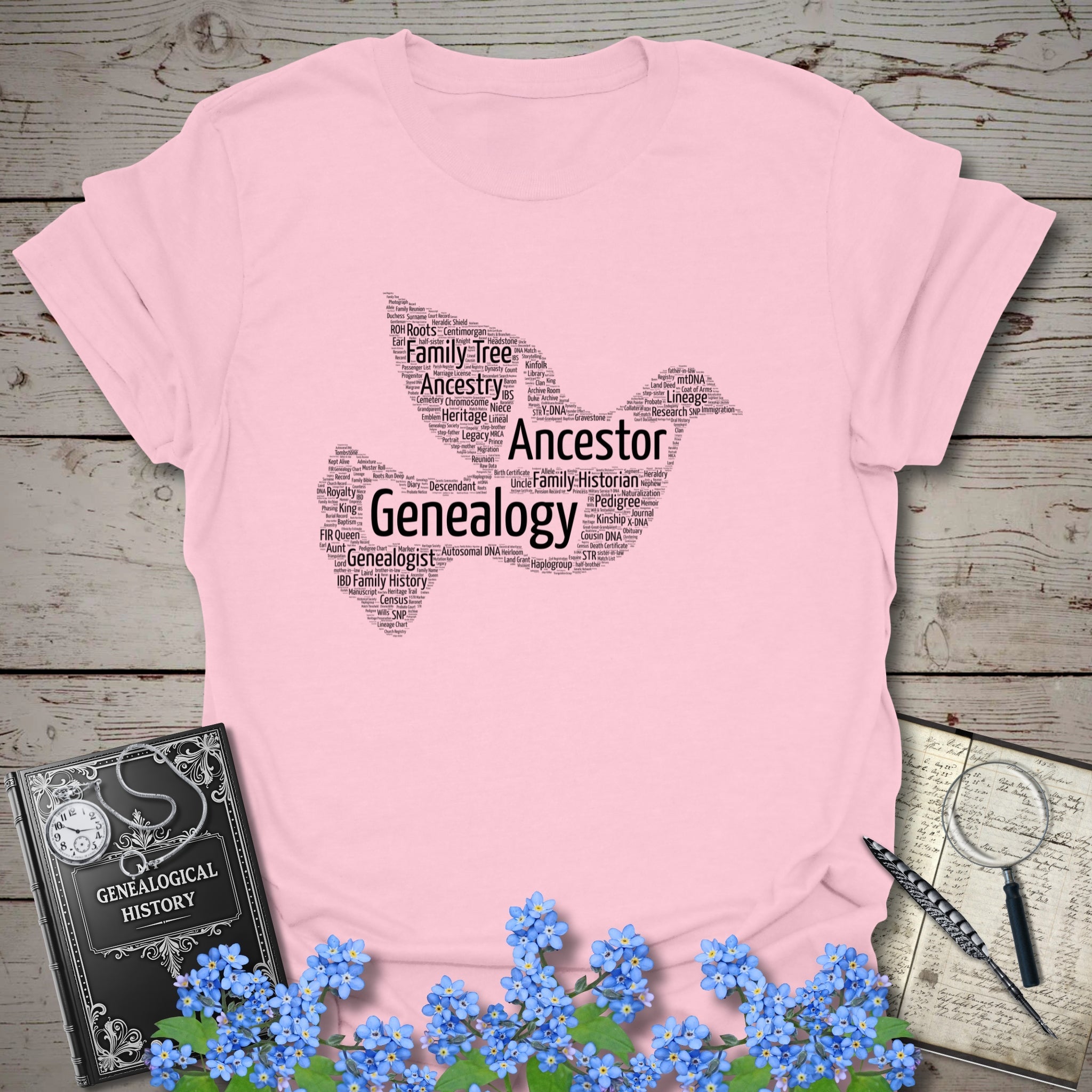 Dove Word Cloud T-Shirt in Light Pink by Genealogy Keepsakes