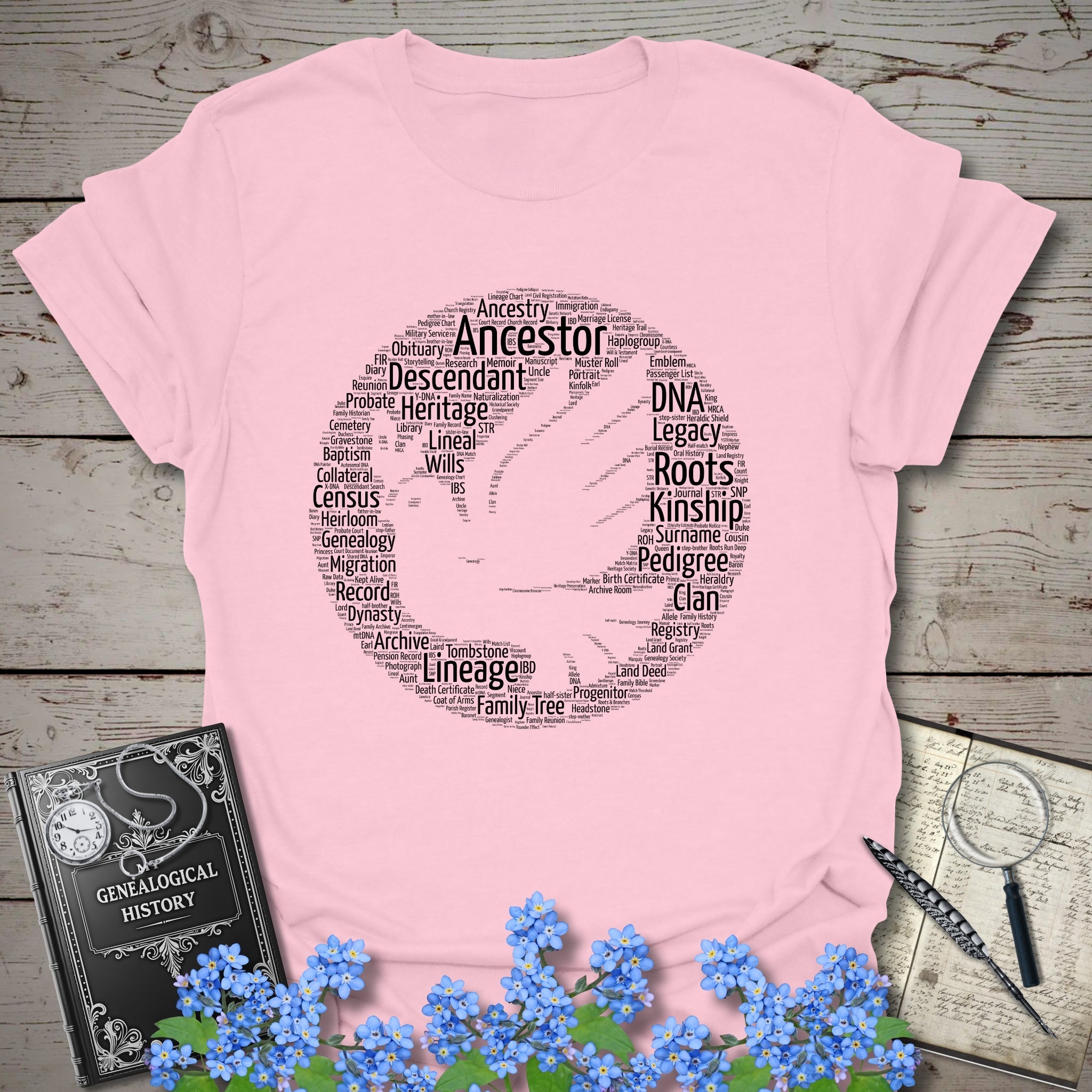 Dove Word Cloud T-Shirt in Light Pink by Genealogy Keepsakes