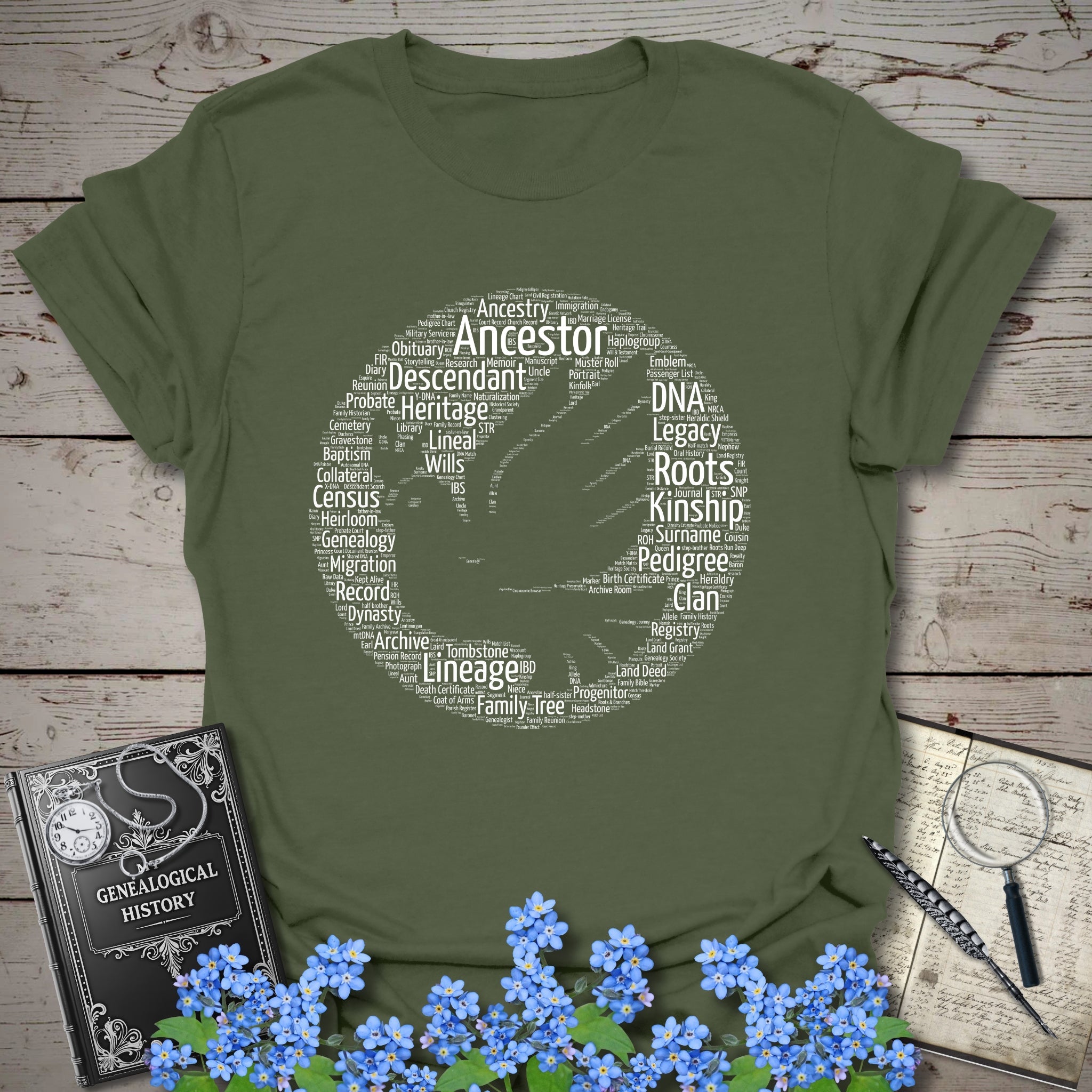 Dove Word Cloud T-Shirt in Military Green by Genealogy Keepsakes