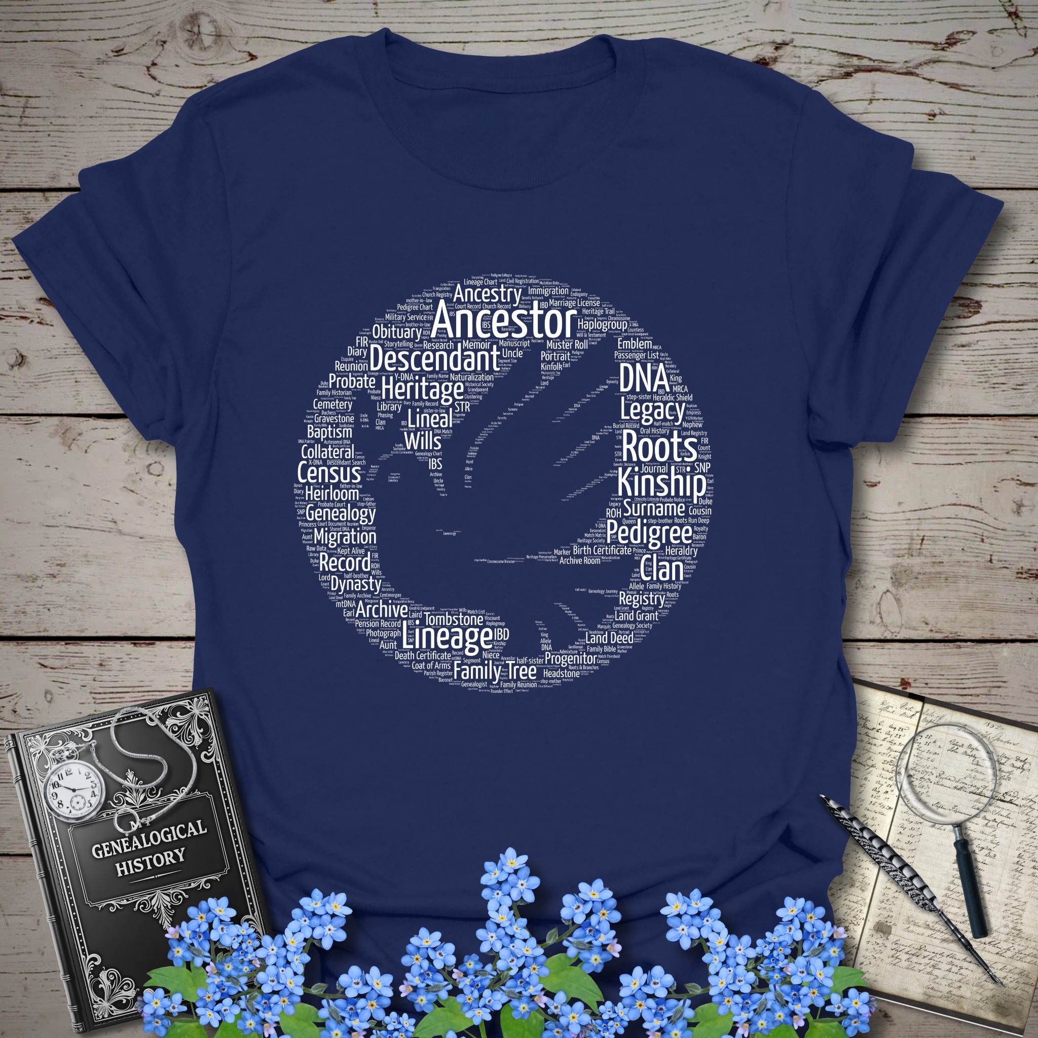 Dove Word Cloud T-Shirt in Navy by Genealogy Keepsakes