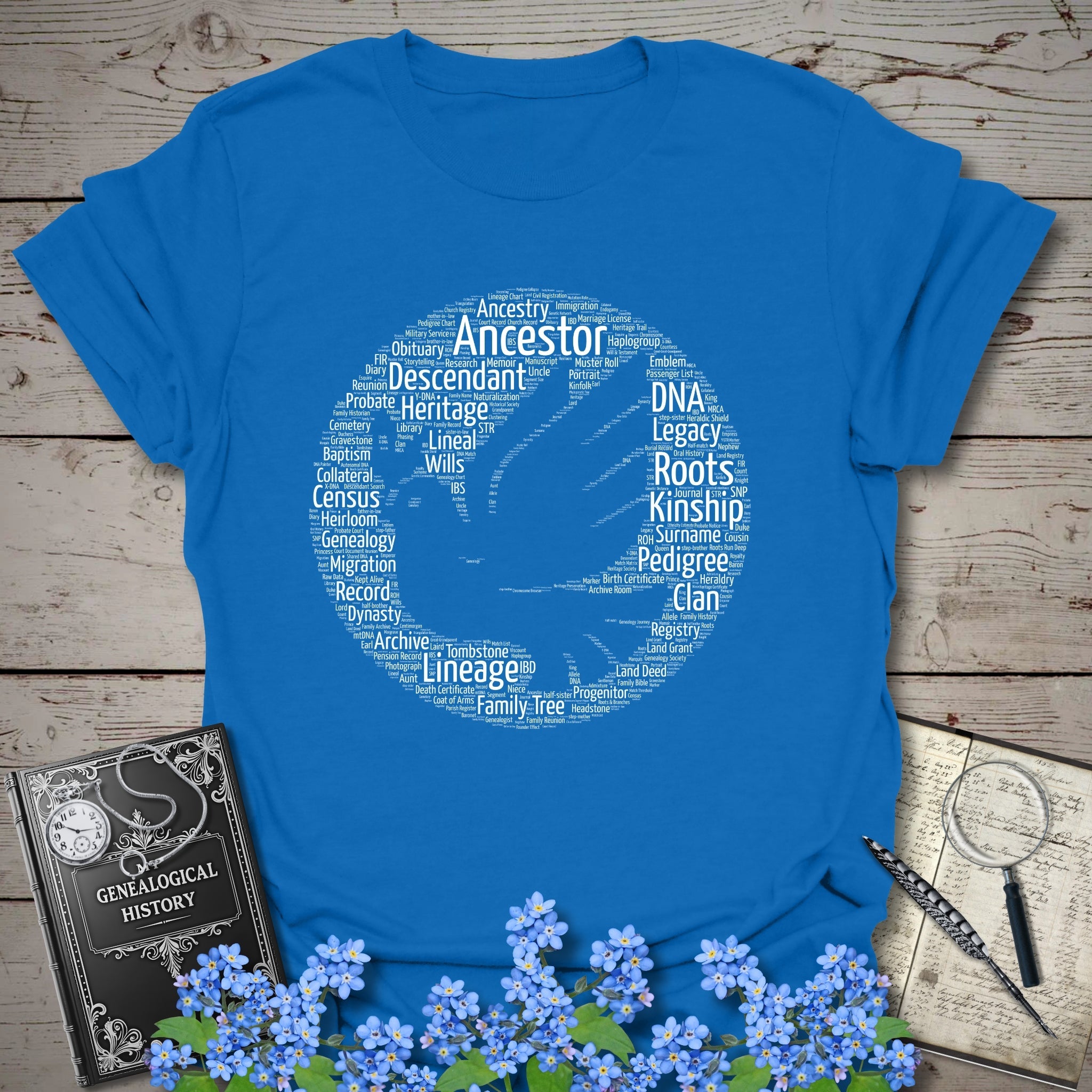 Dove Word Cloud T-Shirt in Royal by Genealogy Keepsakes