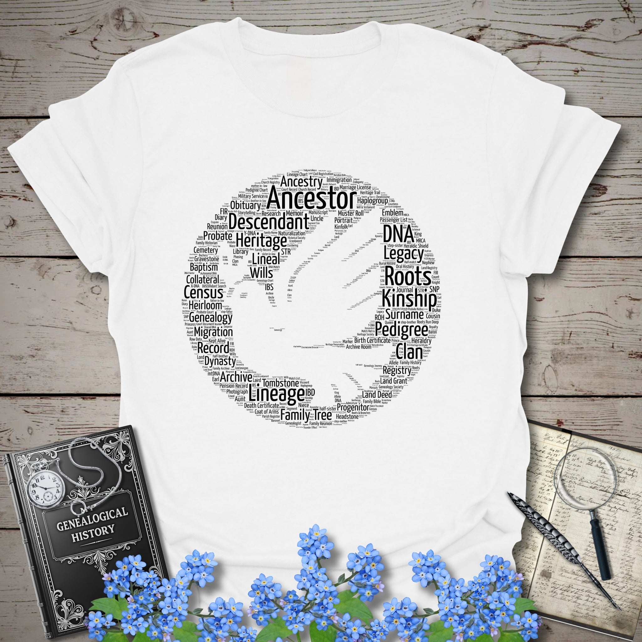 Dove Word Cloud T-Shirt in White by Genealogy Keepsakes