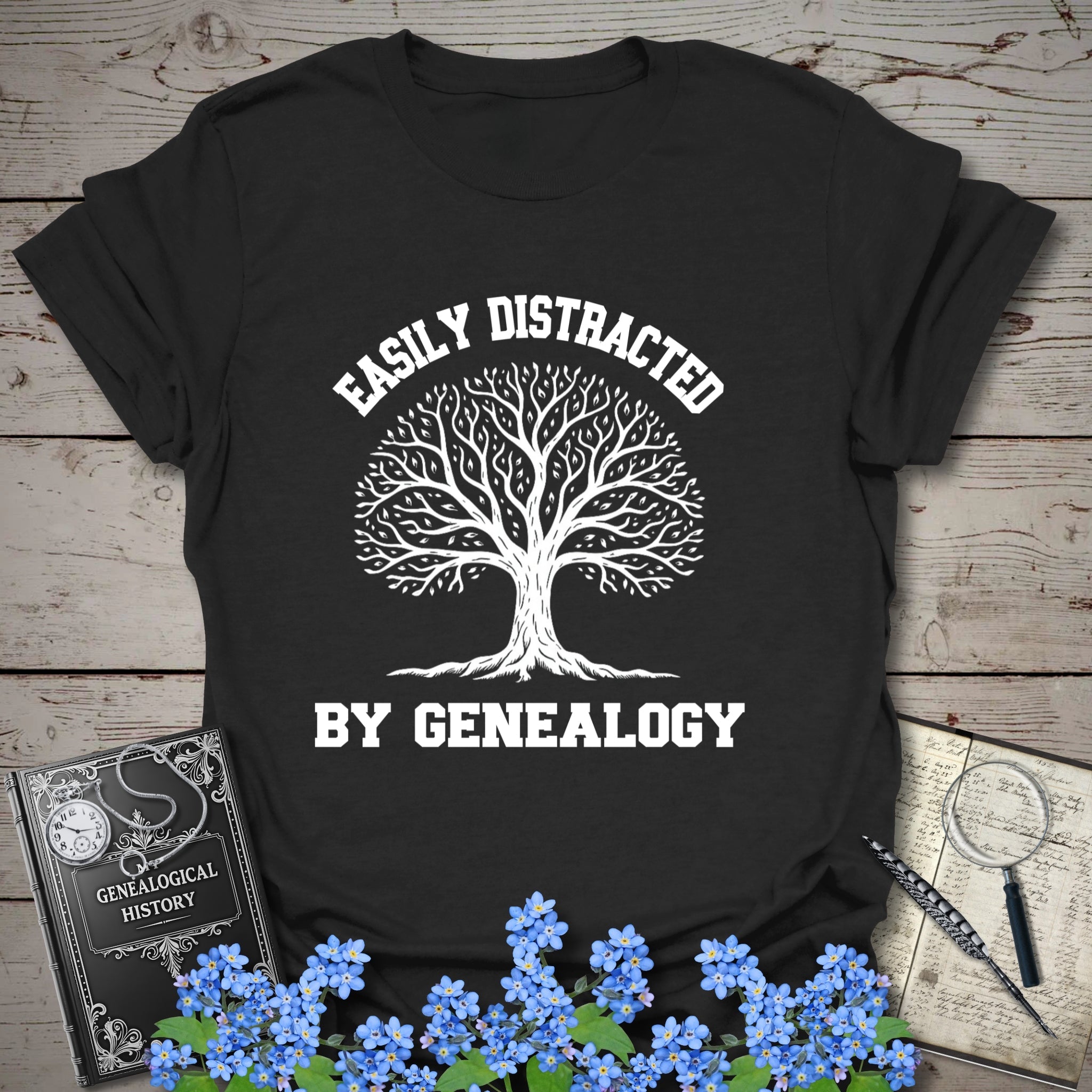 Easily Distracted By Genealogy T-Shirt in Black by Genealogy Keepsakes