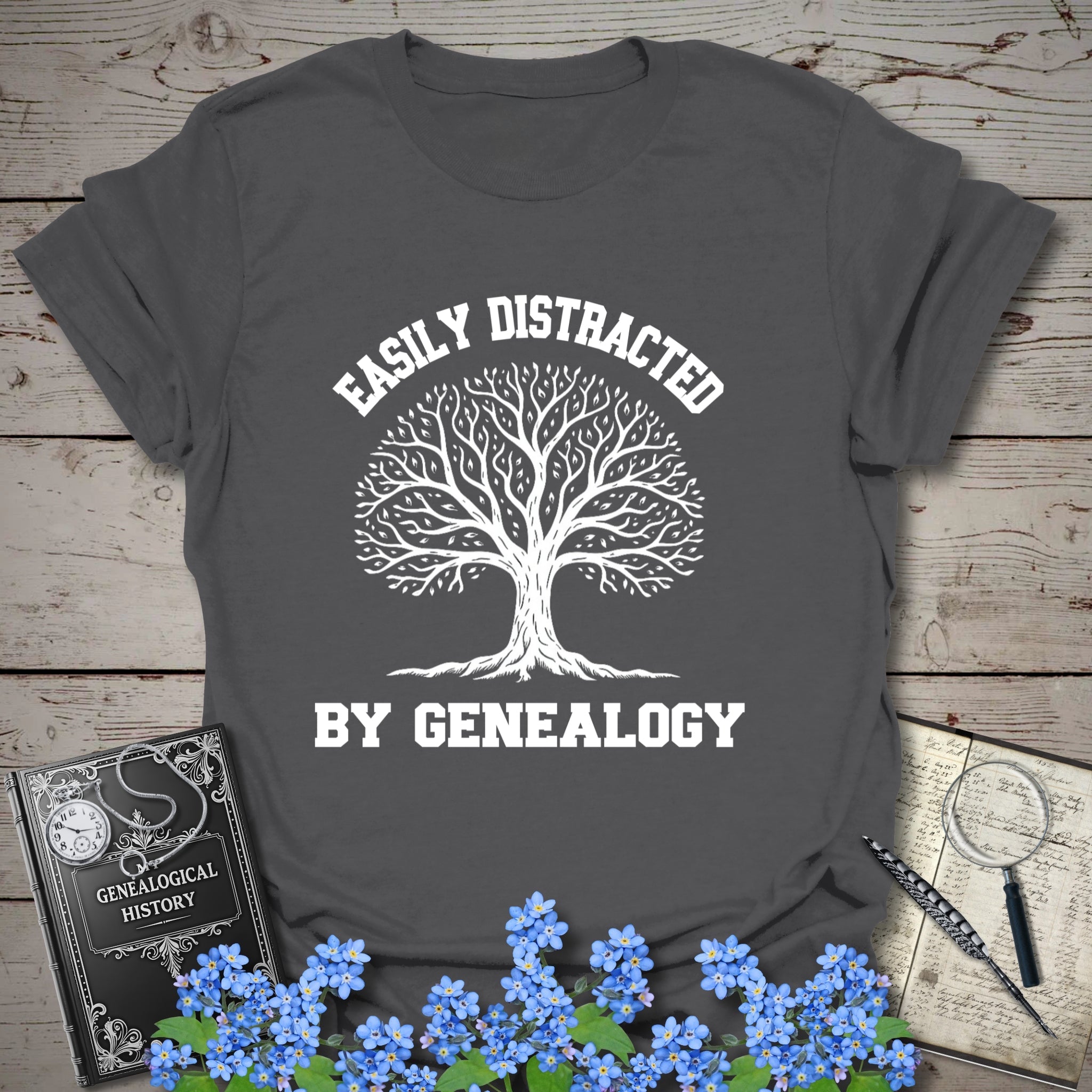 Easily Distracted By Genealogy T-Shirt in Charcoal by Genealogy Keepsakes