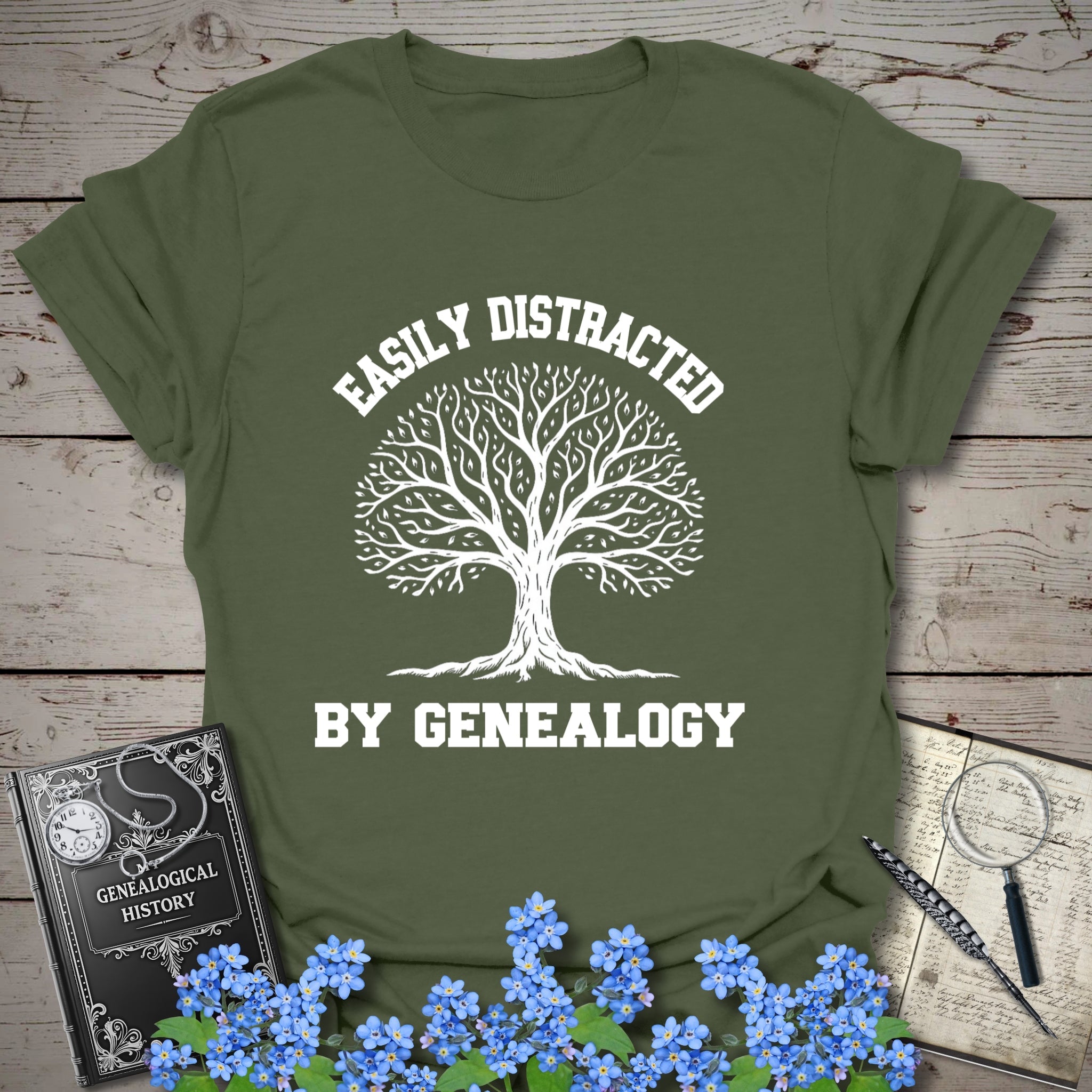 Easily Distracted By Genealogy T-Shirt in Military Green by Genealogy Keepsakes
