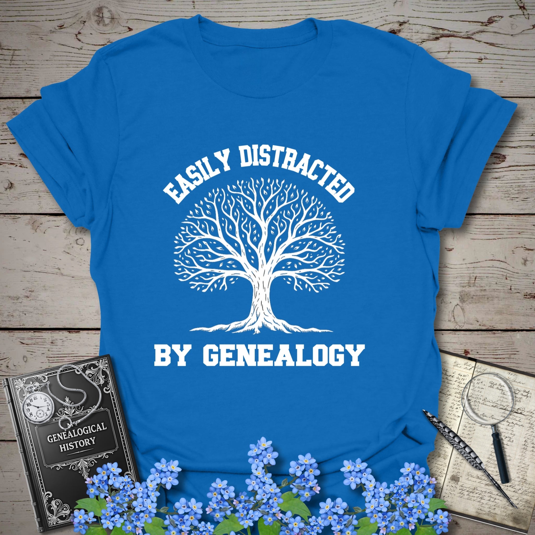 Easily Distracted By Genealogy T-Shirt in Royal by Genealogy Keepsakes