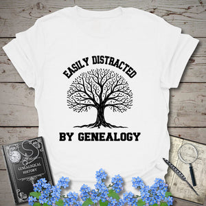 Easily Distracted By Genealogy T-Shirt in White by Genealogy Keepsakes