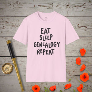 Eat, Sleep, Genealogy T-Shirt in Light Pink by Genealogy Keepsakes