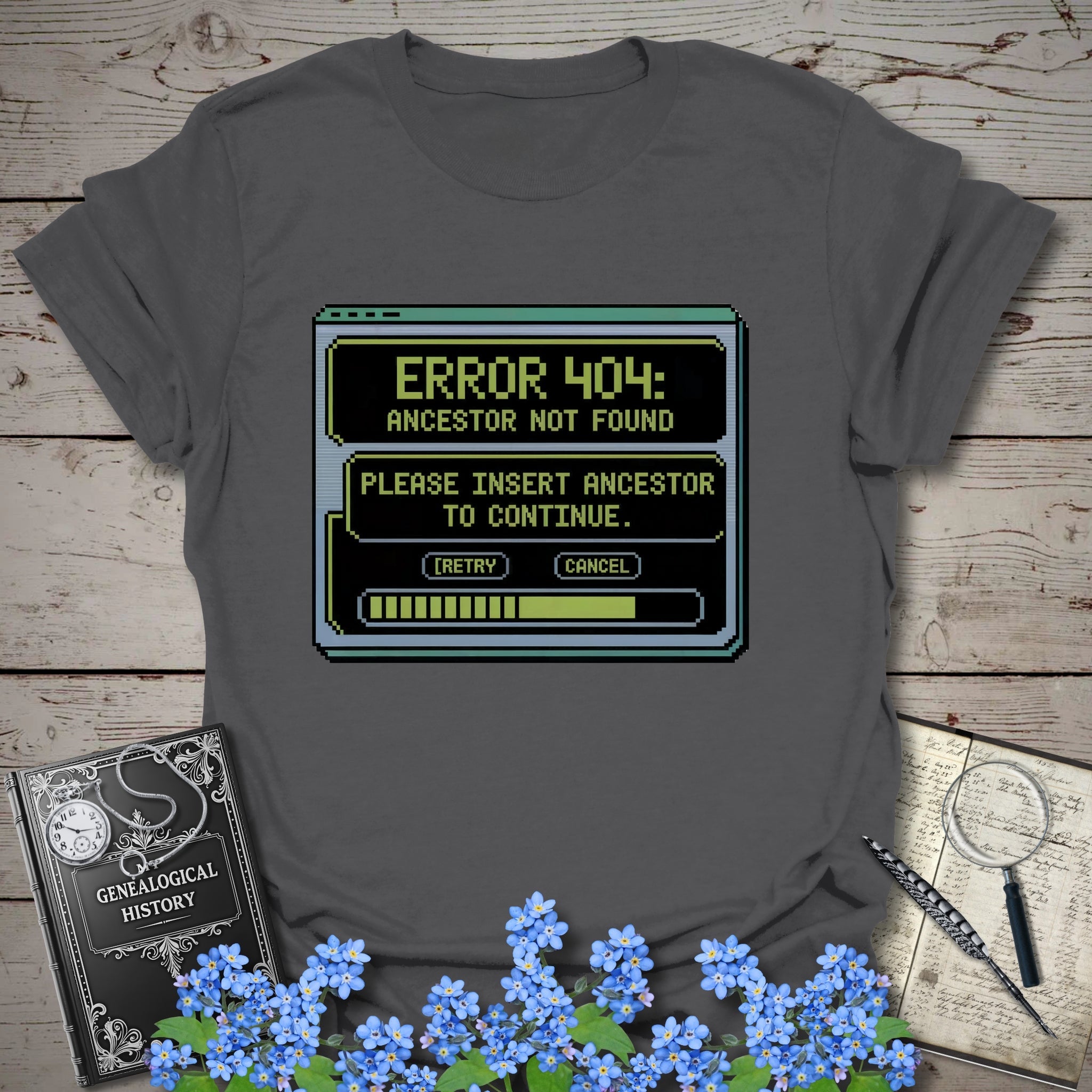Error 404 Ancestor Not Found T-Shirt in Charcoal by Genealogy Keepsakes