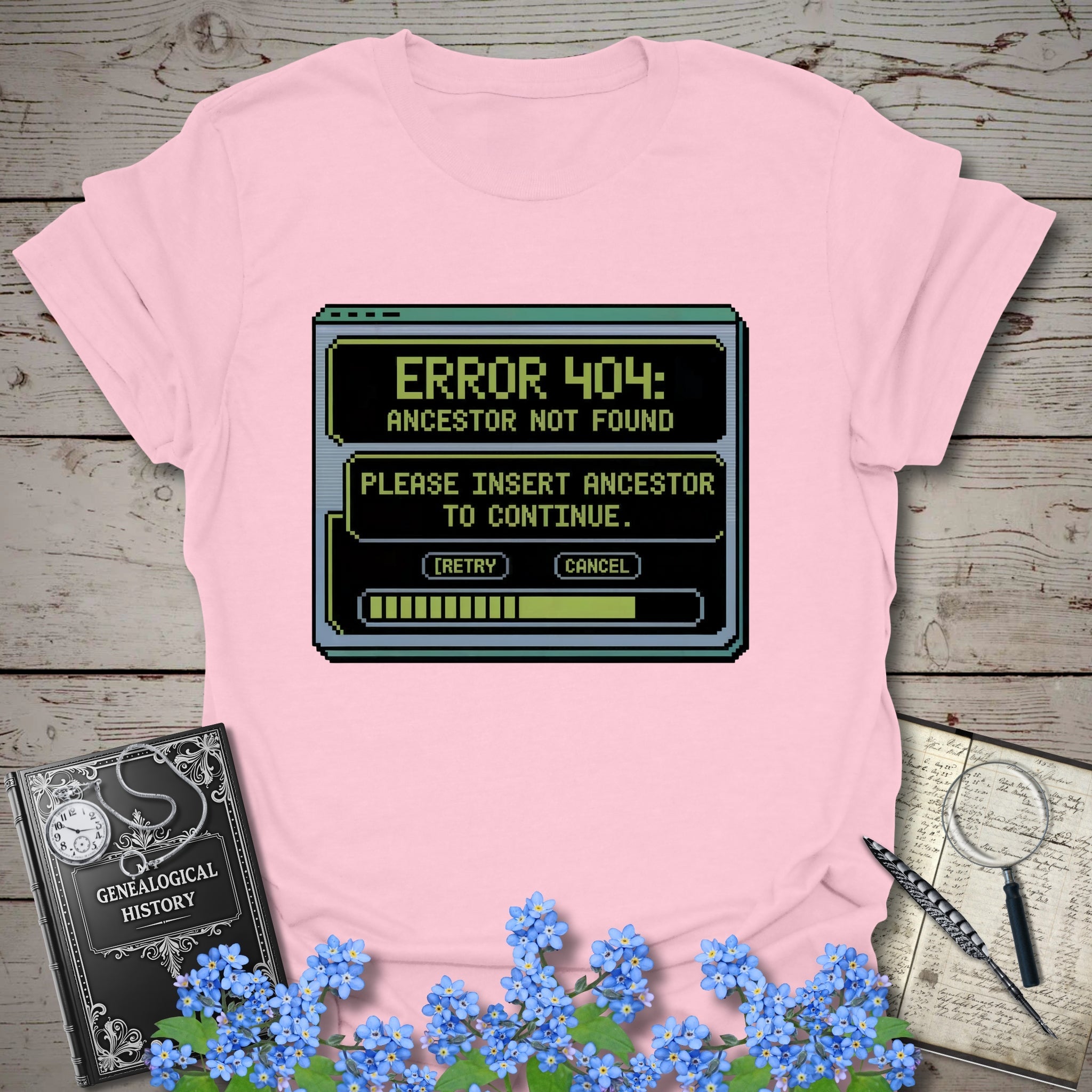 Error 404 Ancestor Not Found T-Shirt in Light Pink by Genealogy Keepsakes