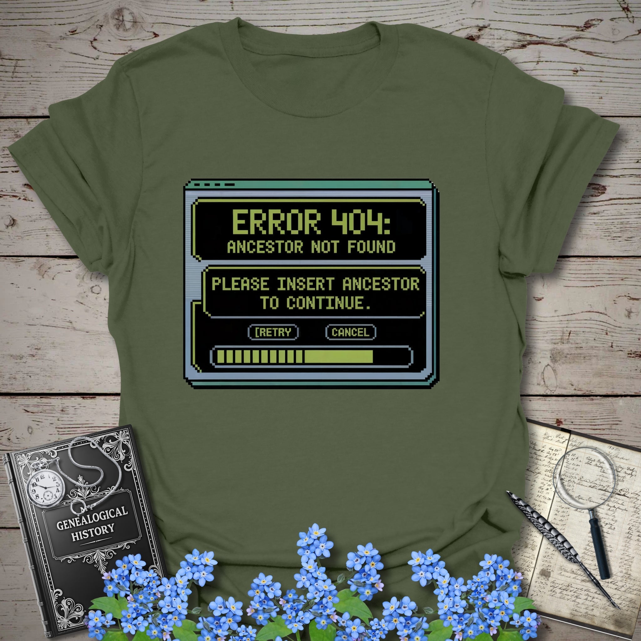 Error 404 Ancestor Not Found T-Shirt in Military Green by Genealogy Keepsakes