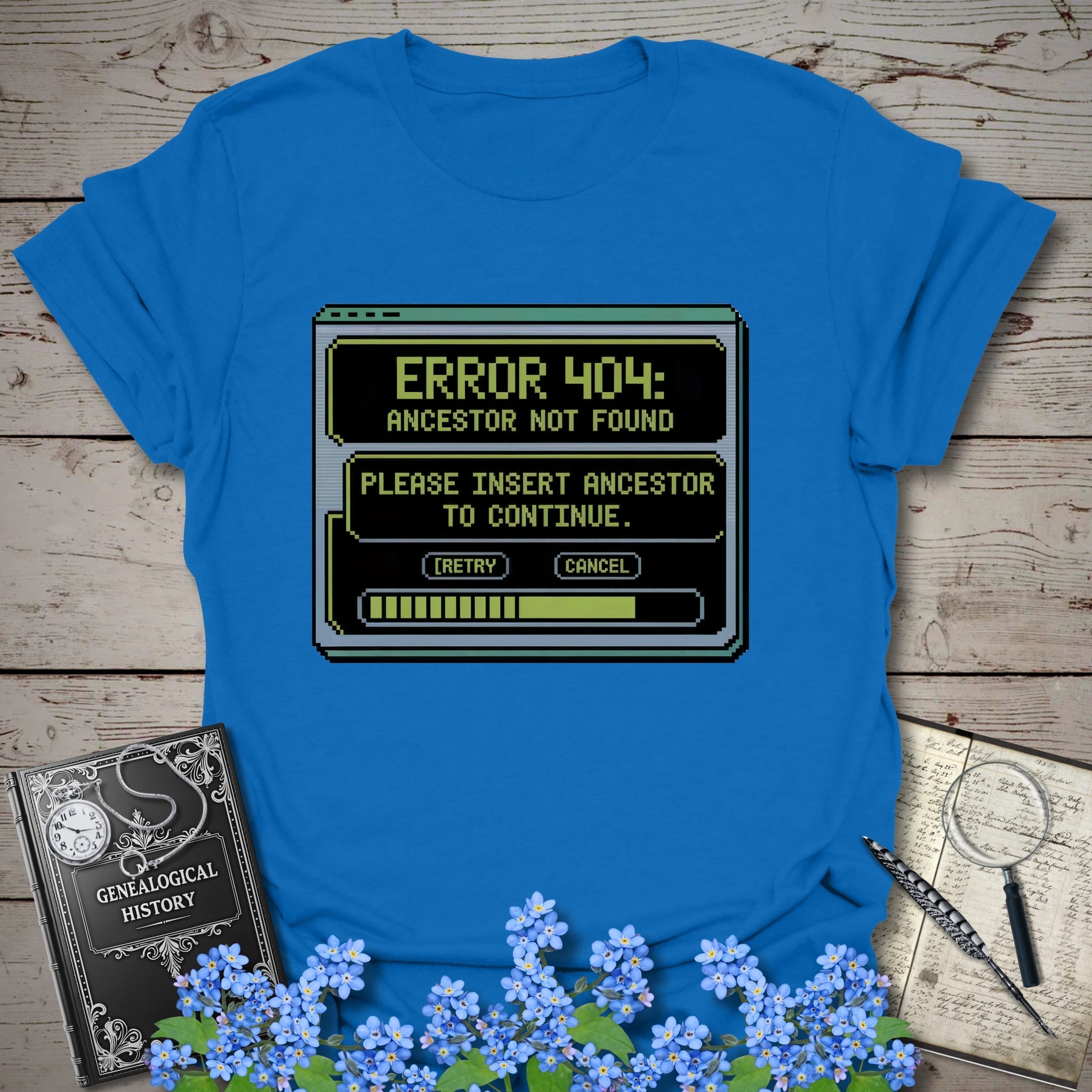 Error 404 Ancestor Not Found T-Shirt in Royal by Genealogy Keepsakes