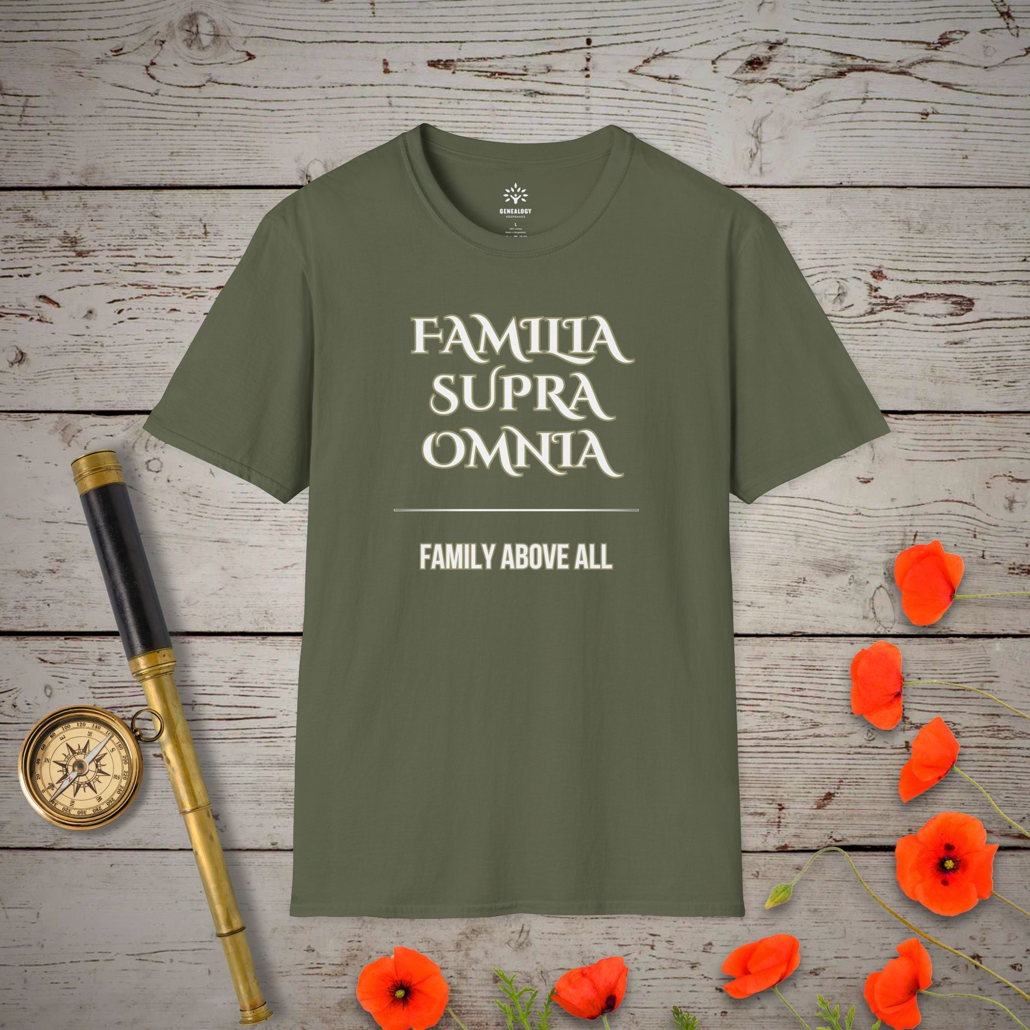 Family Above All T-Shirt in Military Green by Genealogy Keepsakes