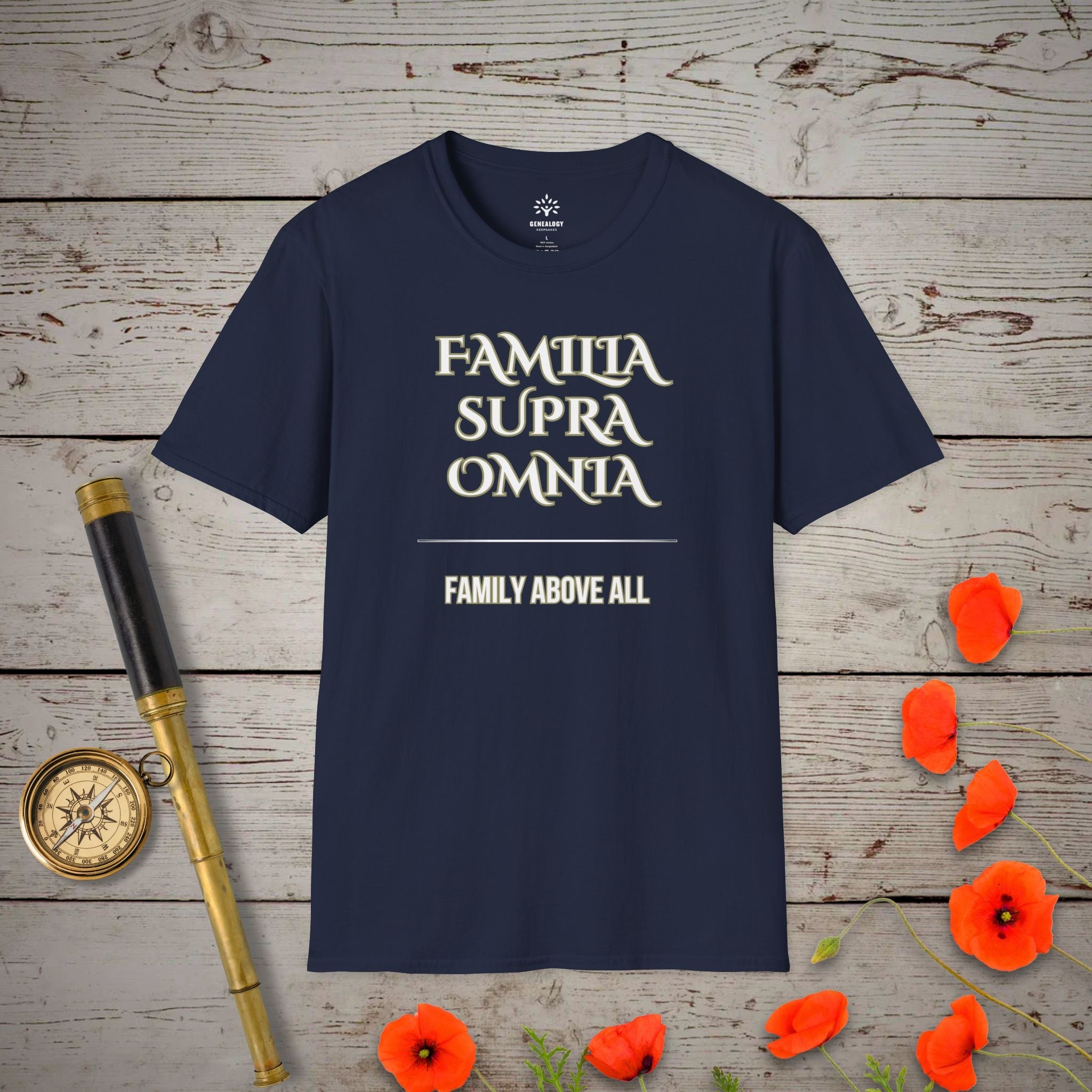 Family Above All T-Shirt in Navy by Genealogy Keepsakes