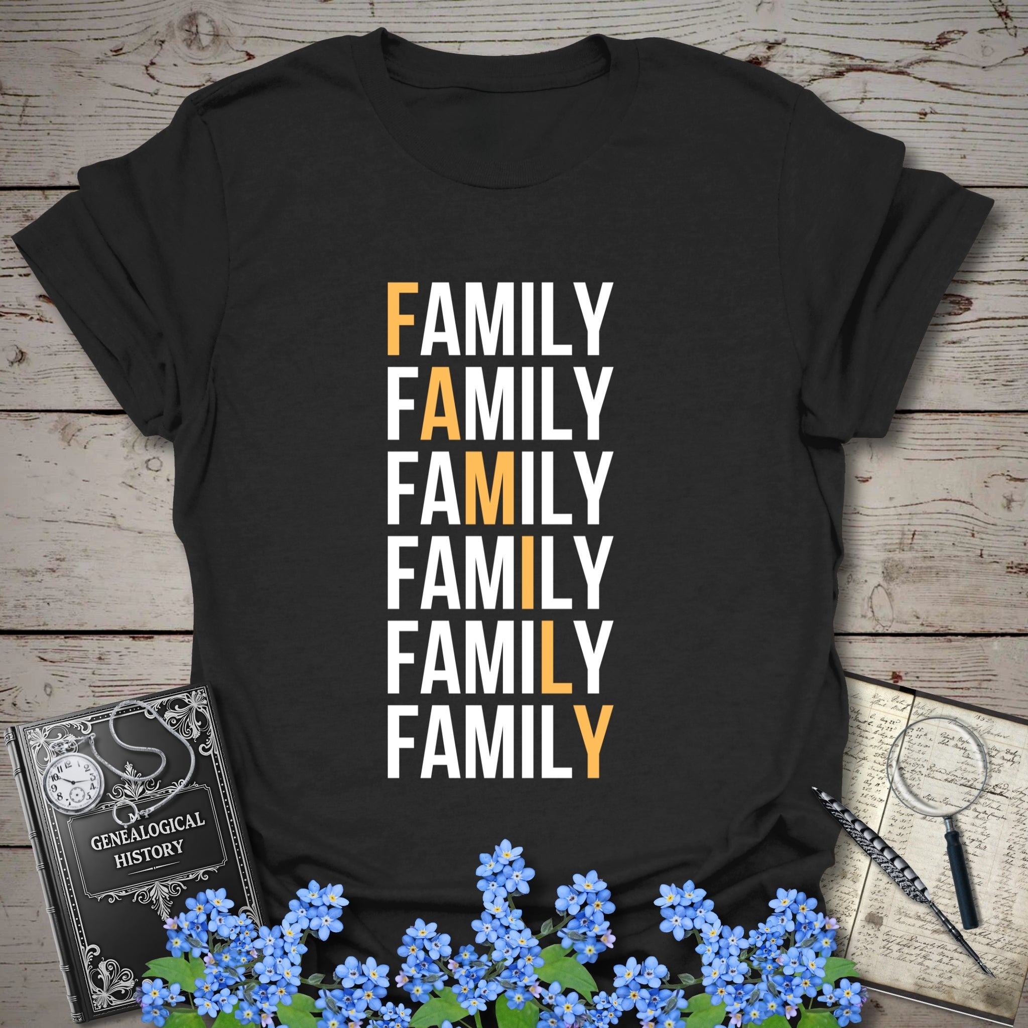 Family Descent T-Shirt in Black by Genealogy Keepsakes