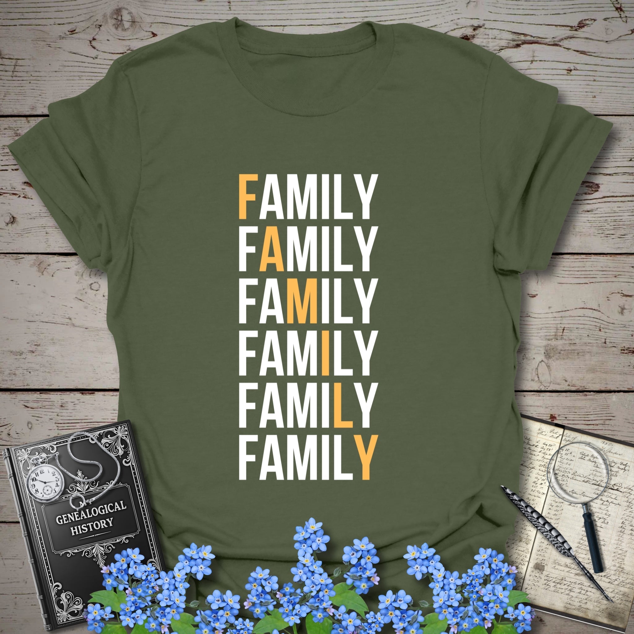 Family Descent T-Shirt in Military Green by Genealogy Keepsakes