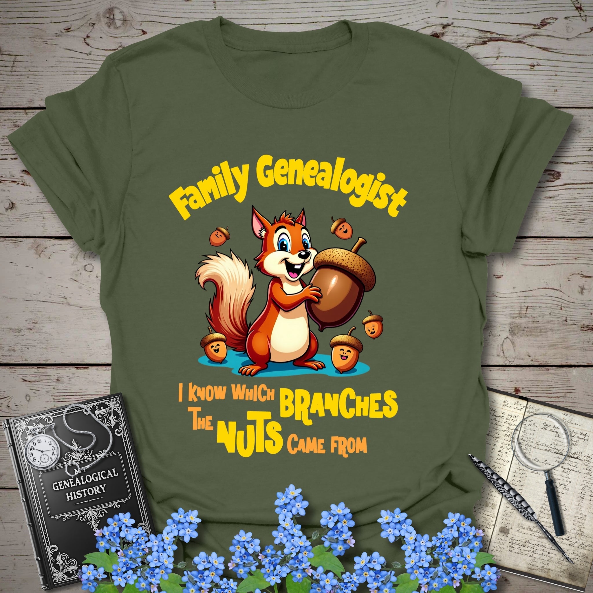 Family Genealogist T-Shirt in Military Green by Genealogy Keepsakes