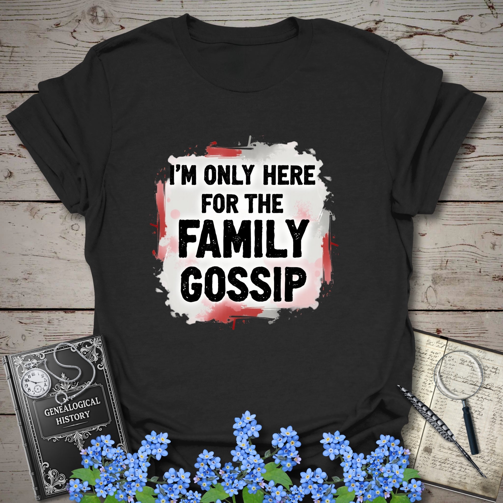 Family Gossip T-Shirt in Black by Genealogy Keepsakes