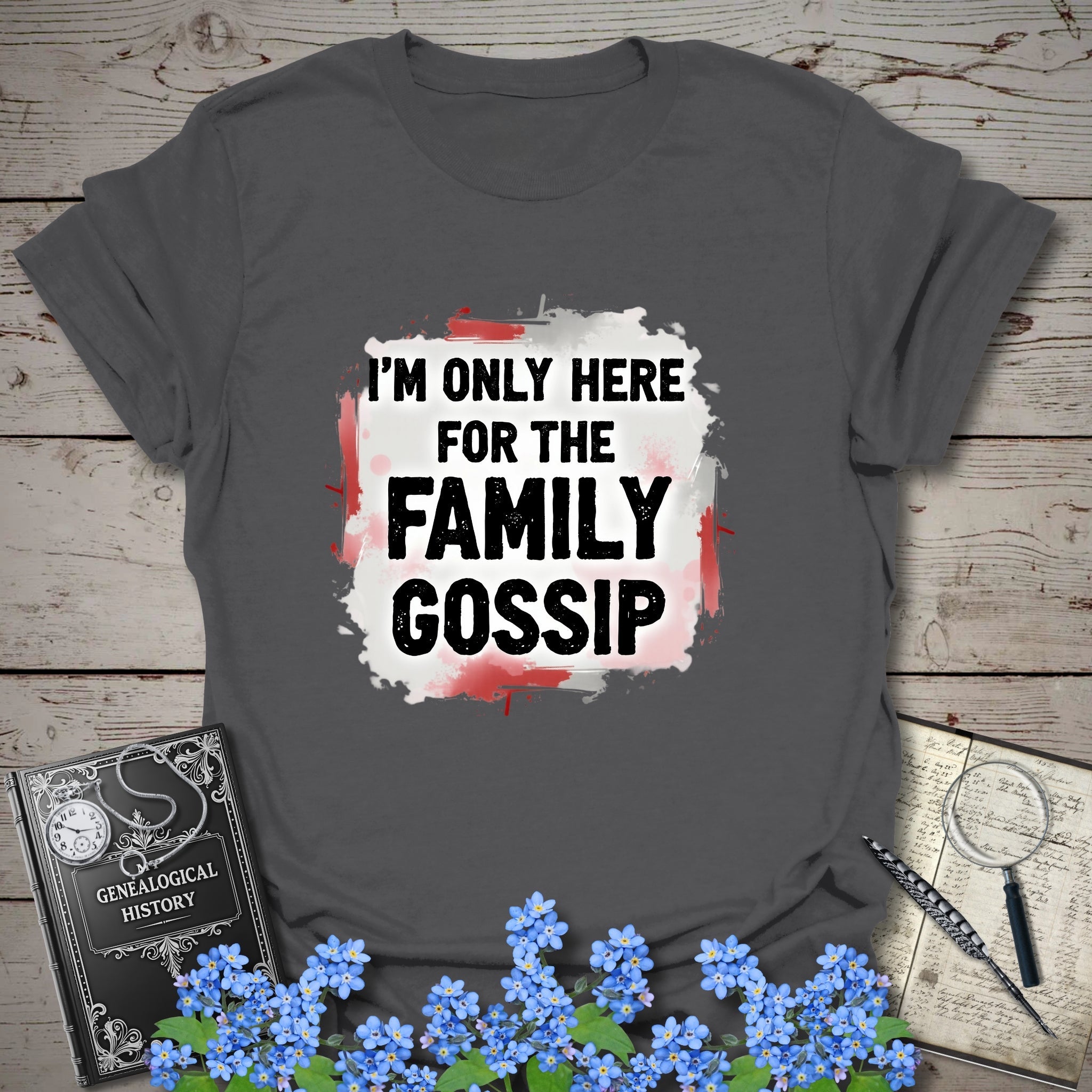 Family Gossip T-Shirt in Charcoal by Genealogy Keepsakes