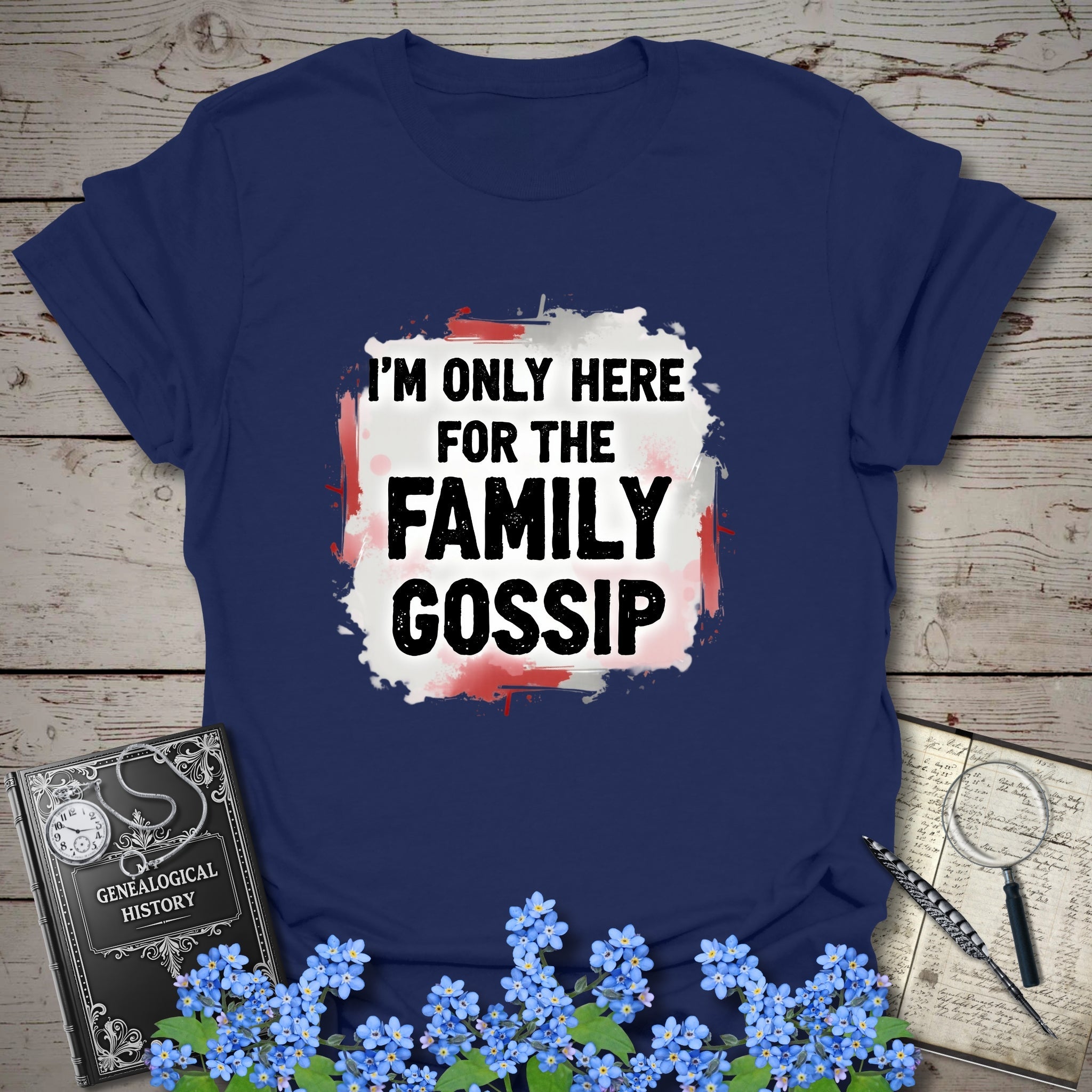 Family Gossip T-Shirt in Navy by Genealogy Keepsakes