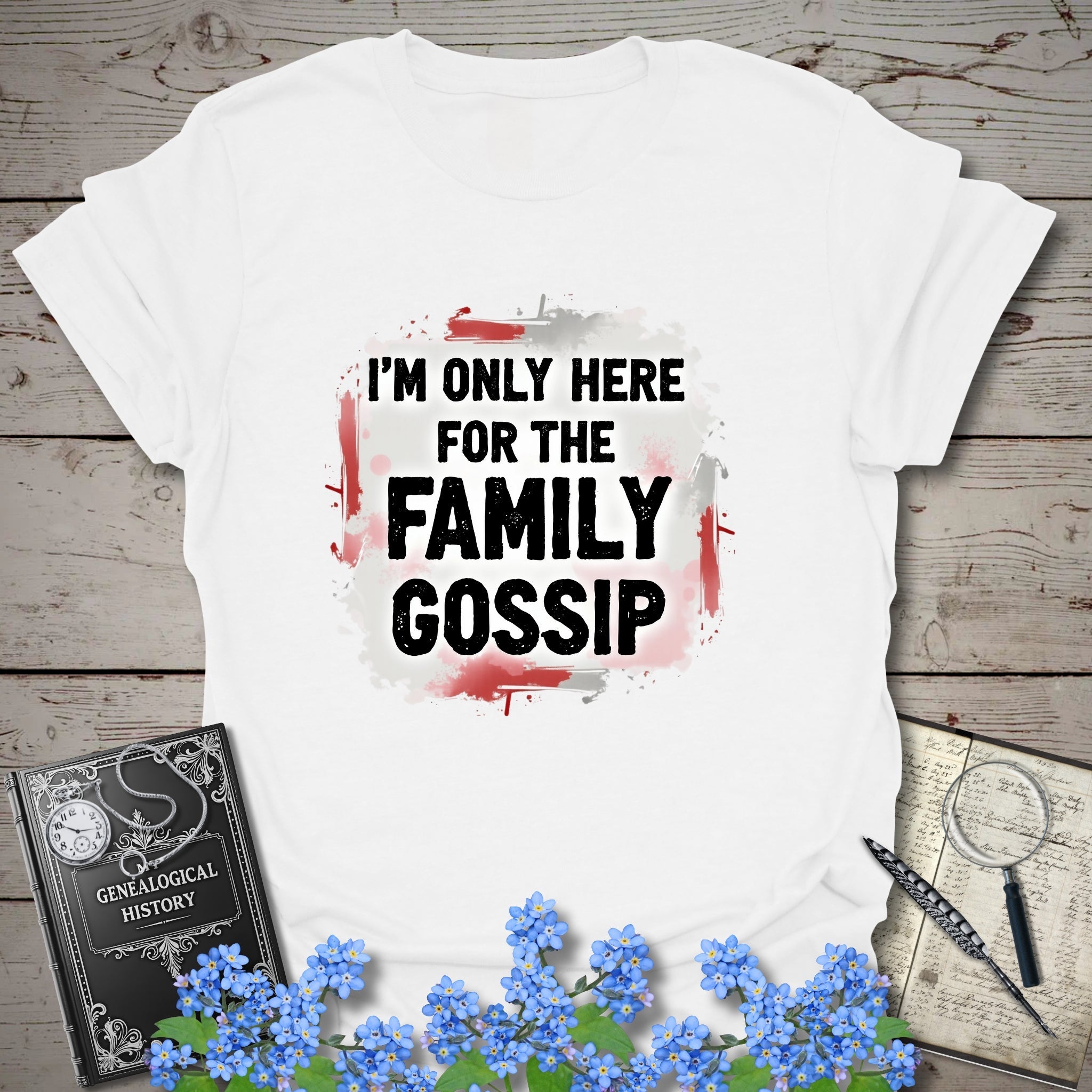 Family Gossip T-Shirt in White by Genealogy Keepsakes