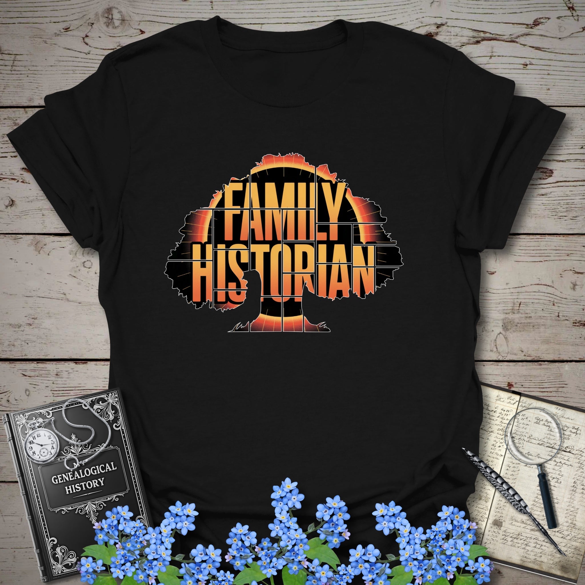 Family Historian T-Shirt in Black by Genealogy Keepsakes