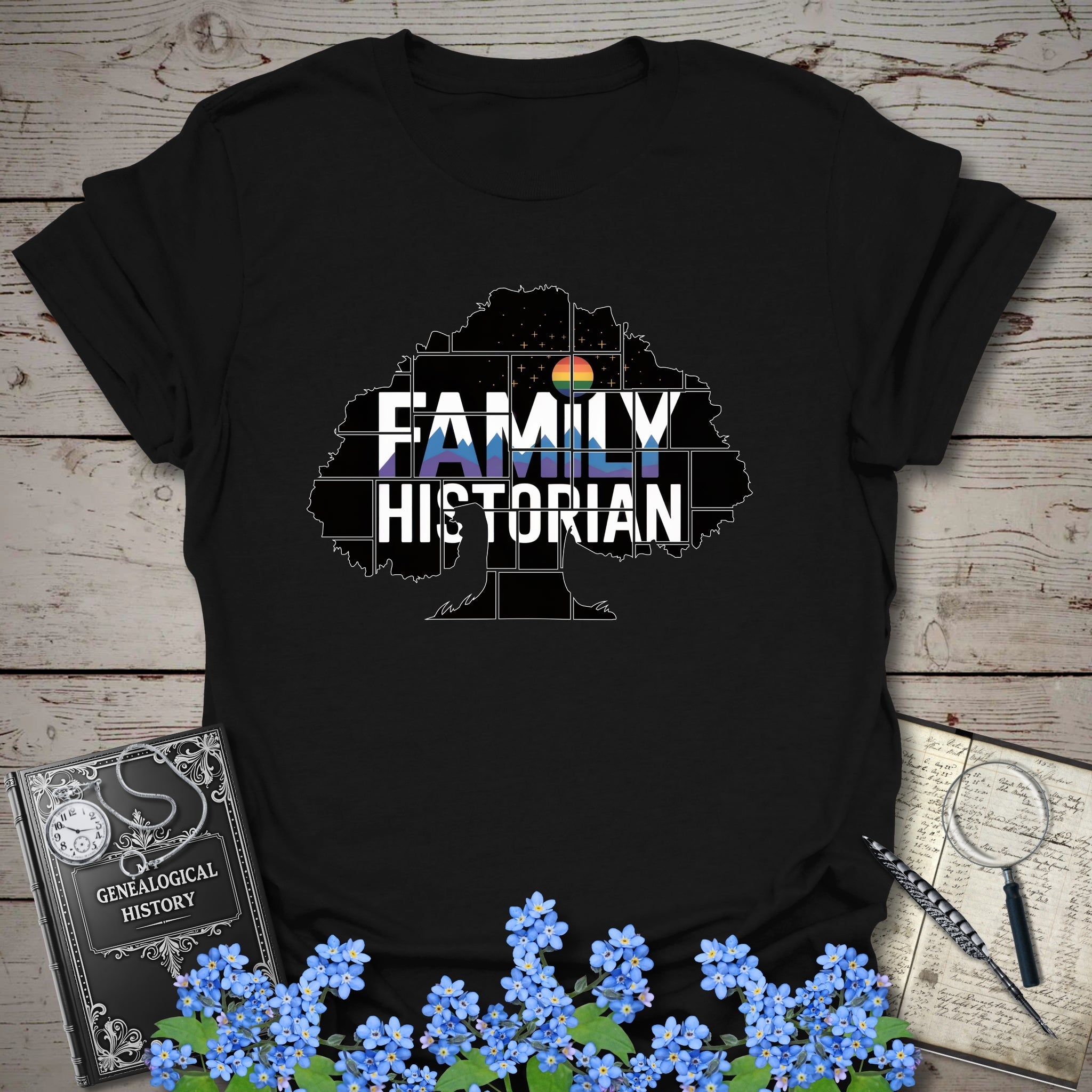 Family Historian T-Shirt in Black by Genealogy Keepsakes