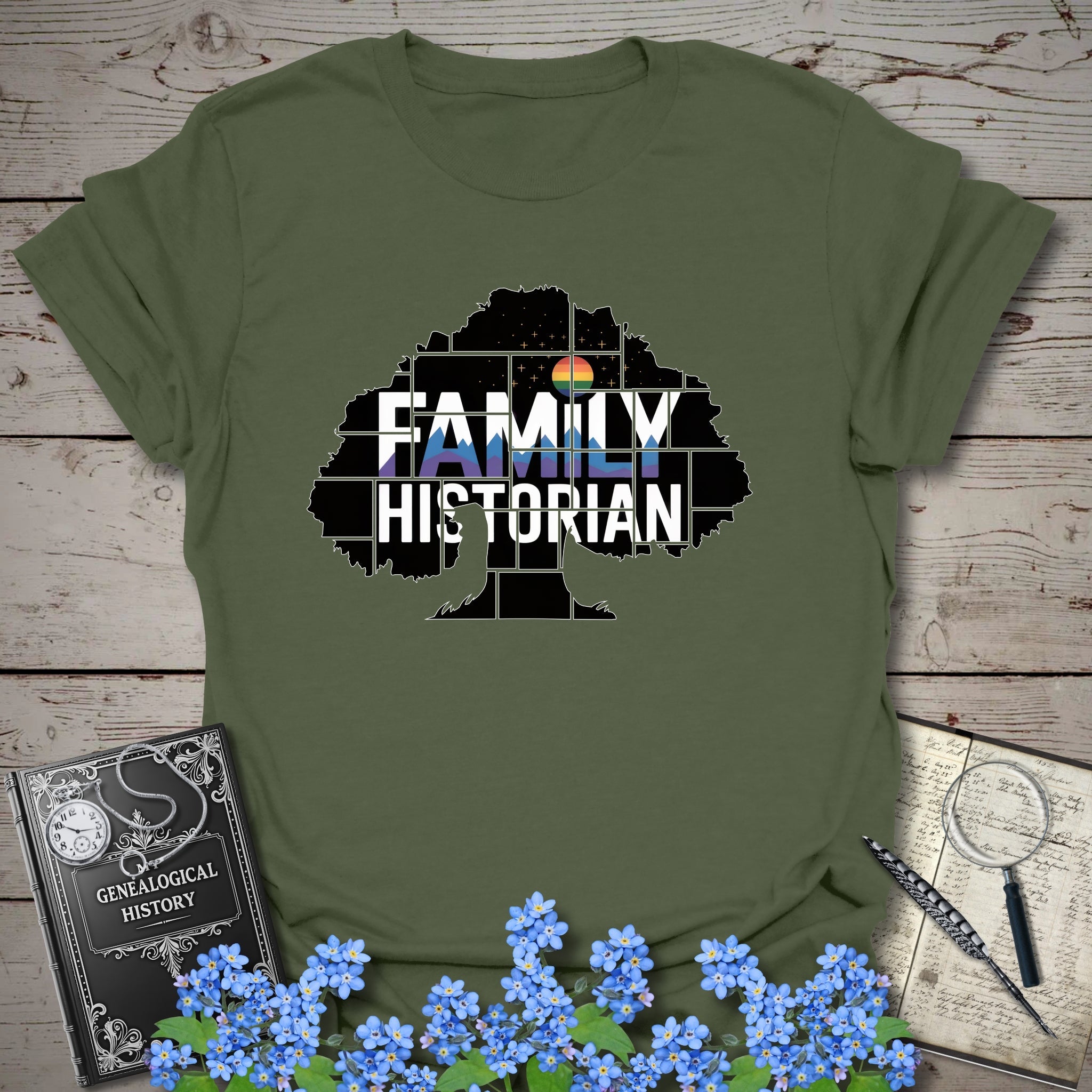 Family Historian T-Shirt in Military Green by Genealogy Keepsakes