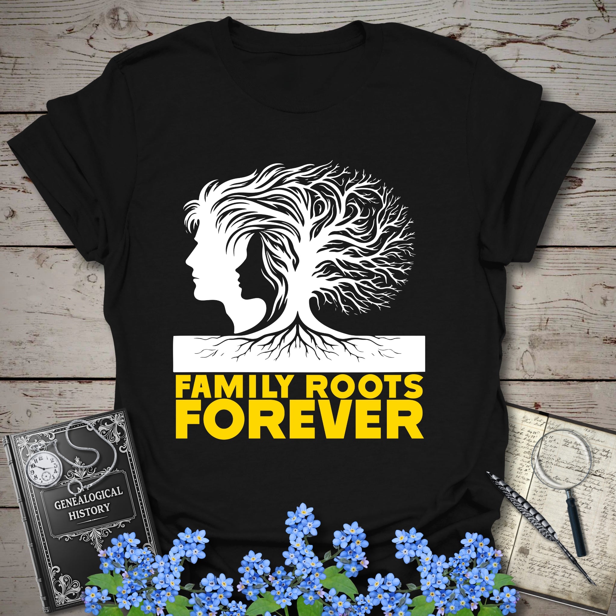 Family Roots Forever T-Shirt in Black by Genealogy Keepsakes