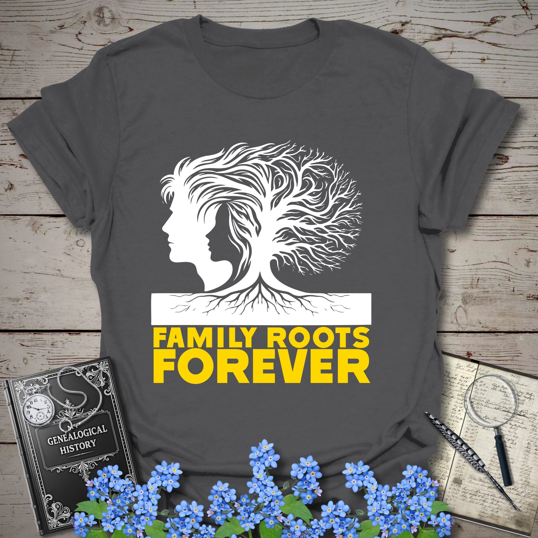 Family Roots Forever T-Shirt in Charcoal by Genealogy Keepsakes