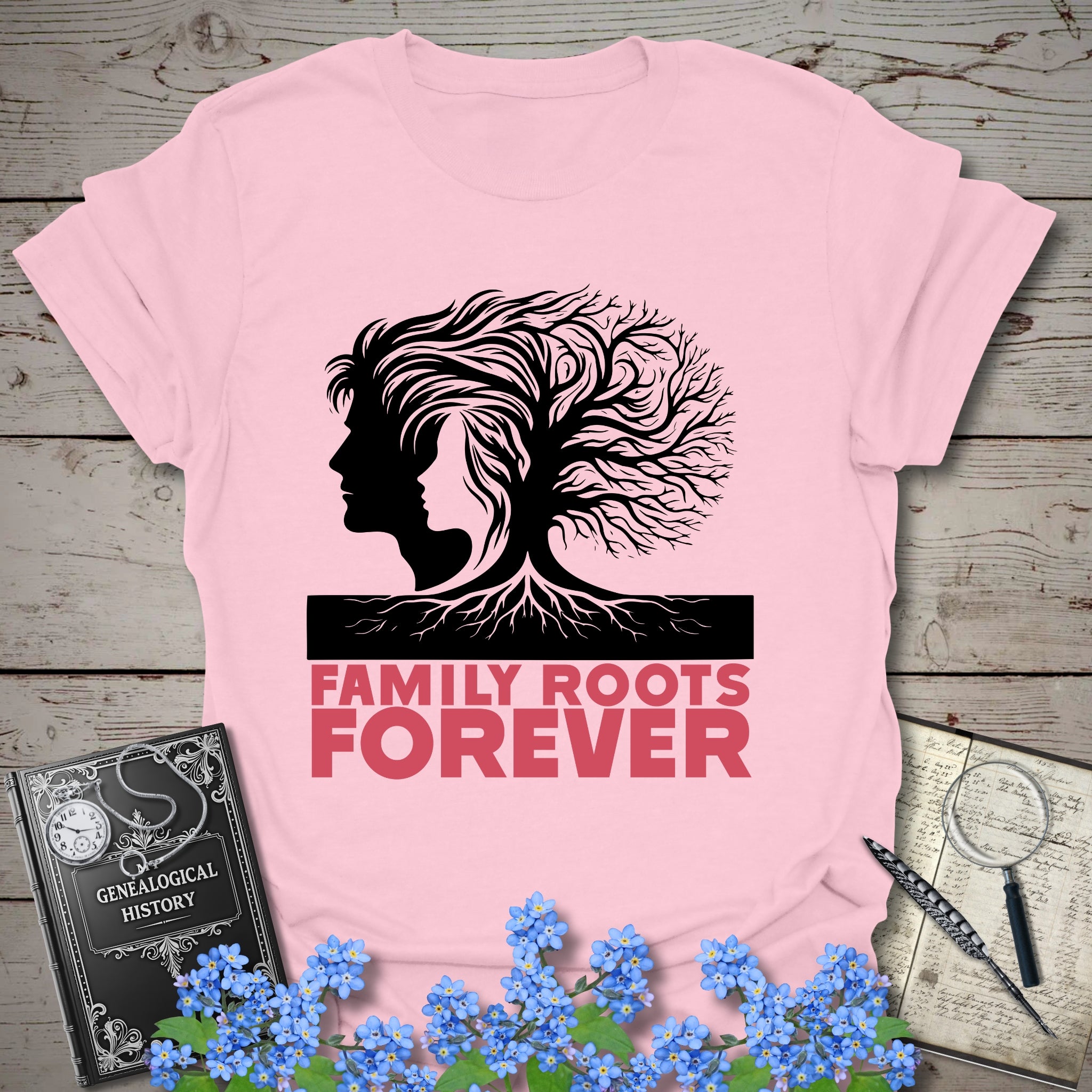 Family Roots Forever T-Shirt in Light Pink by Genealogy Keepsakes