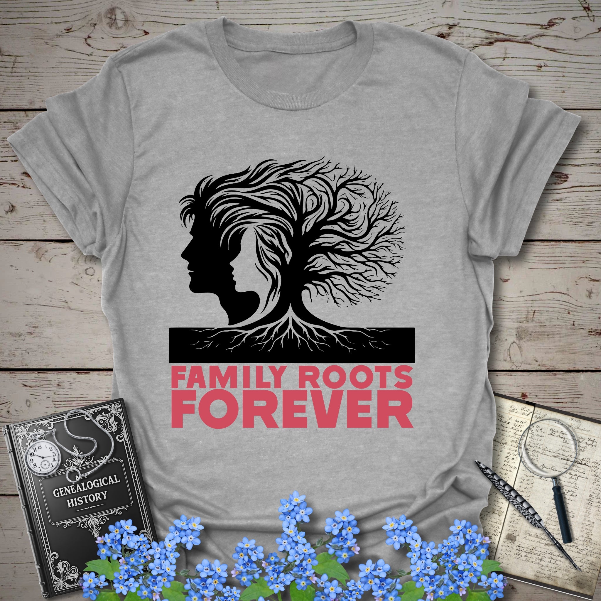 Family Roots Forever T-Shirt in Sport Grey by Genealogy Keepsakes