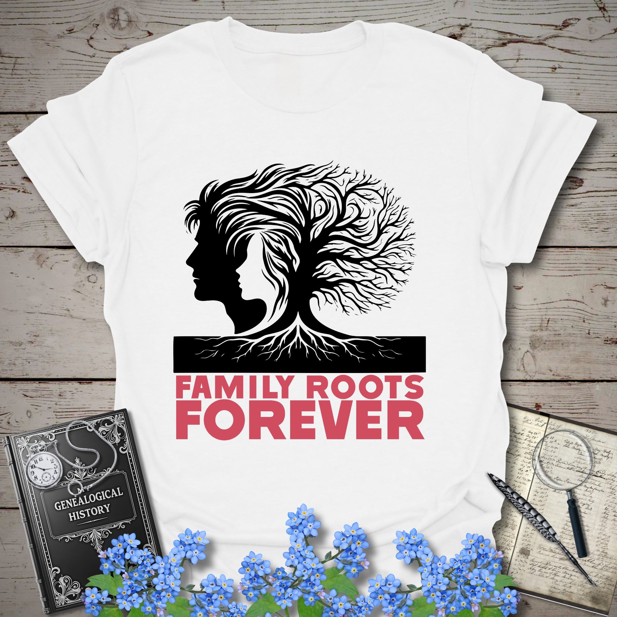Family Roots Forever T-Shirt in White by Genealogy Keepsakes