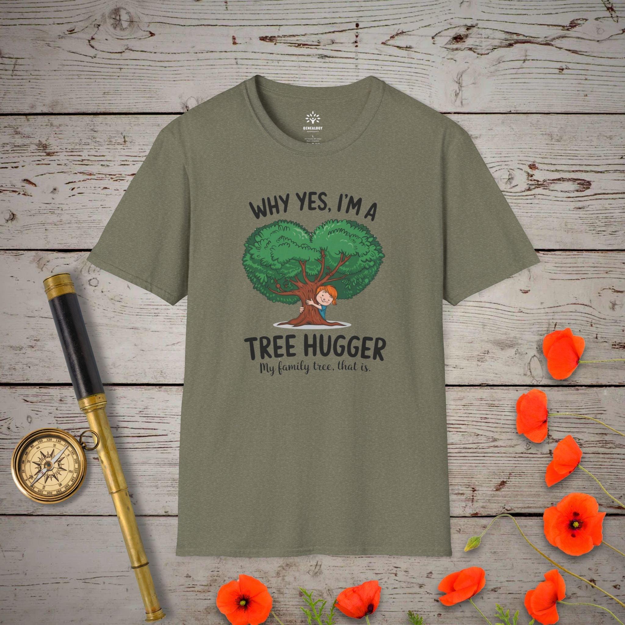 Family Tree Hugger T-Shirt in Heather Military Green by Genealogy Keepsakes
