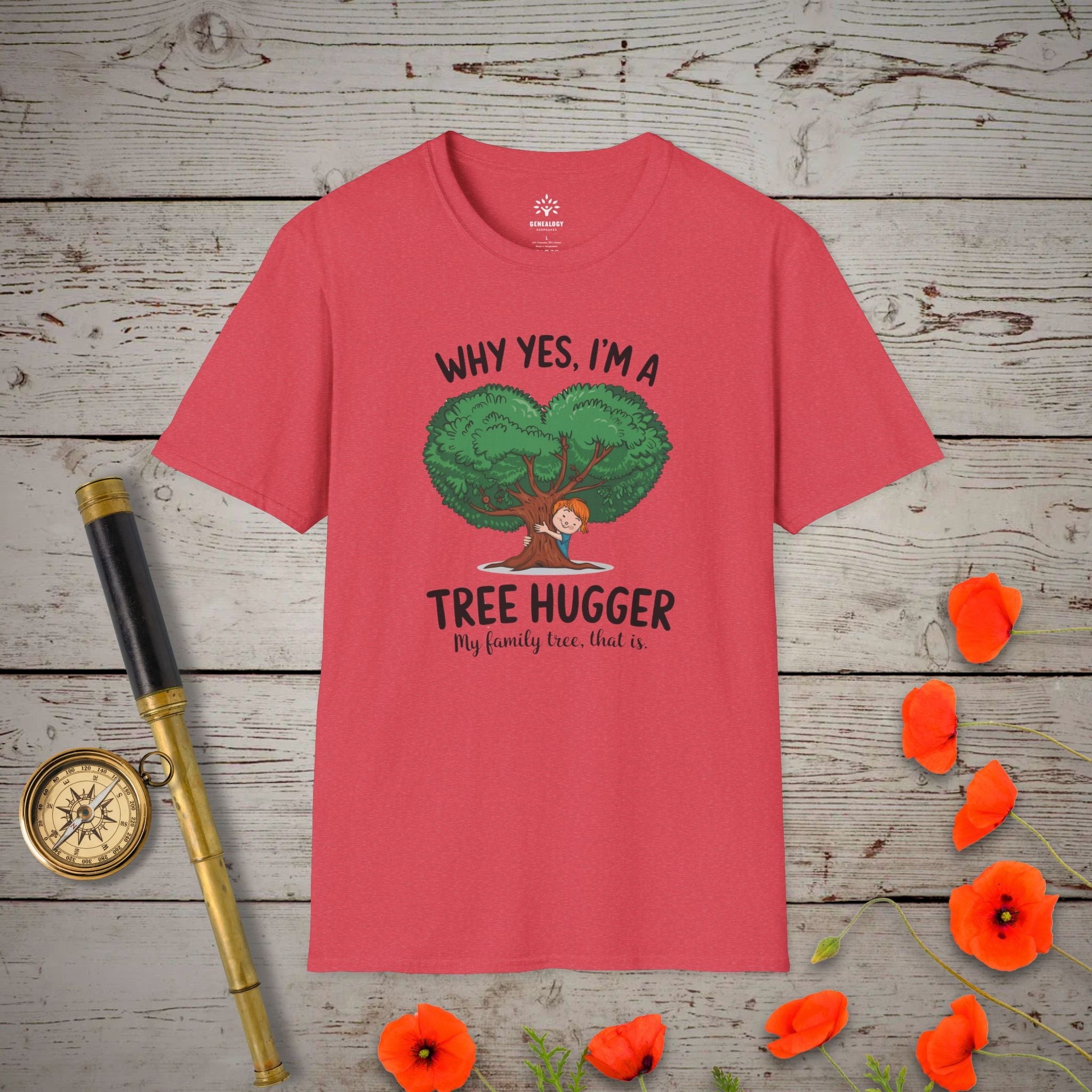 Family Tree Hugger T-Shirt in Heather Red by Genealogy Keepsakes