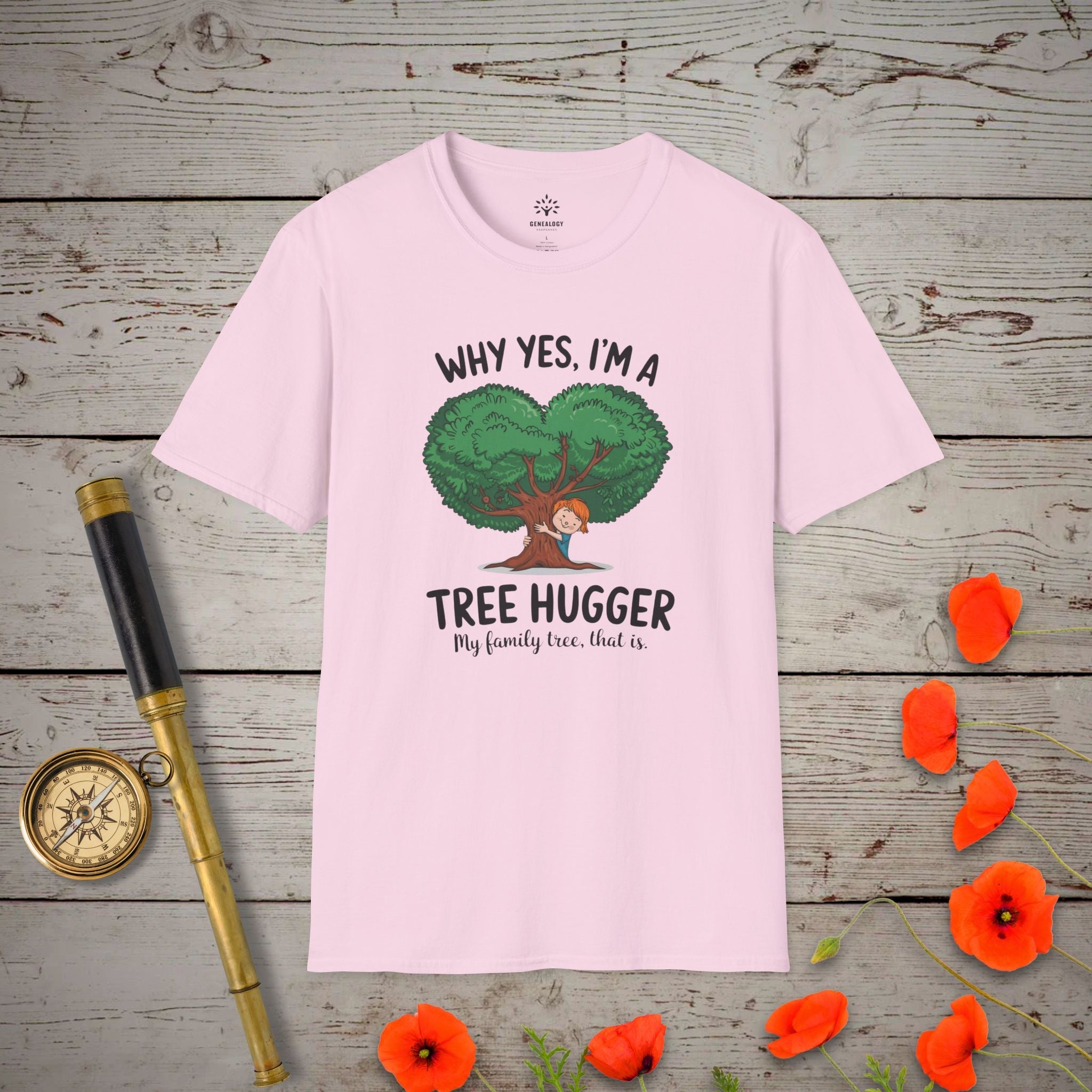 Family Tree Hugger T-Shirt in Light Pink by Genealogy Keepsakes