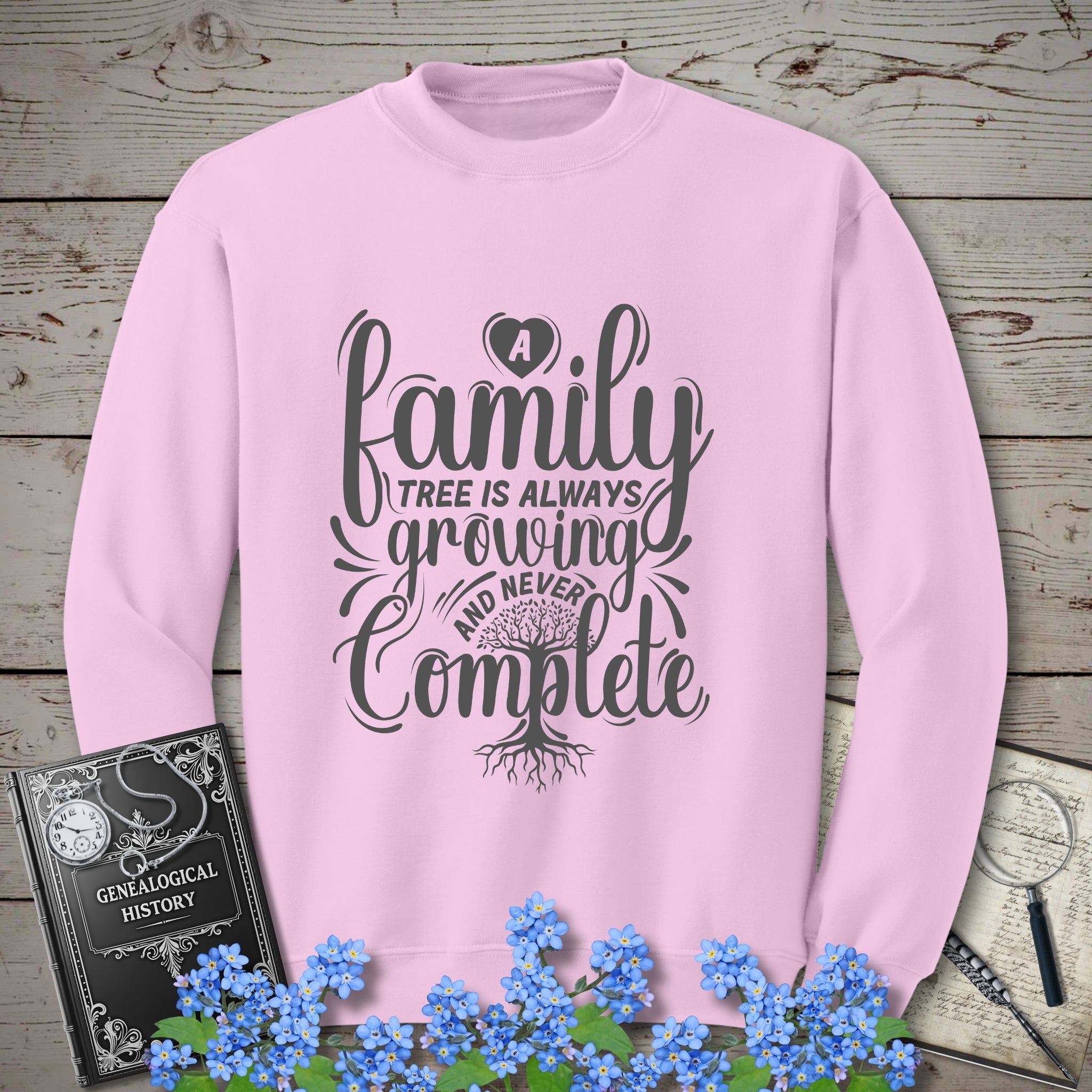 Family Tree Is Always Growing Sweatshirt in Light Pink by Genealogy Keepsakes