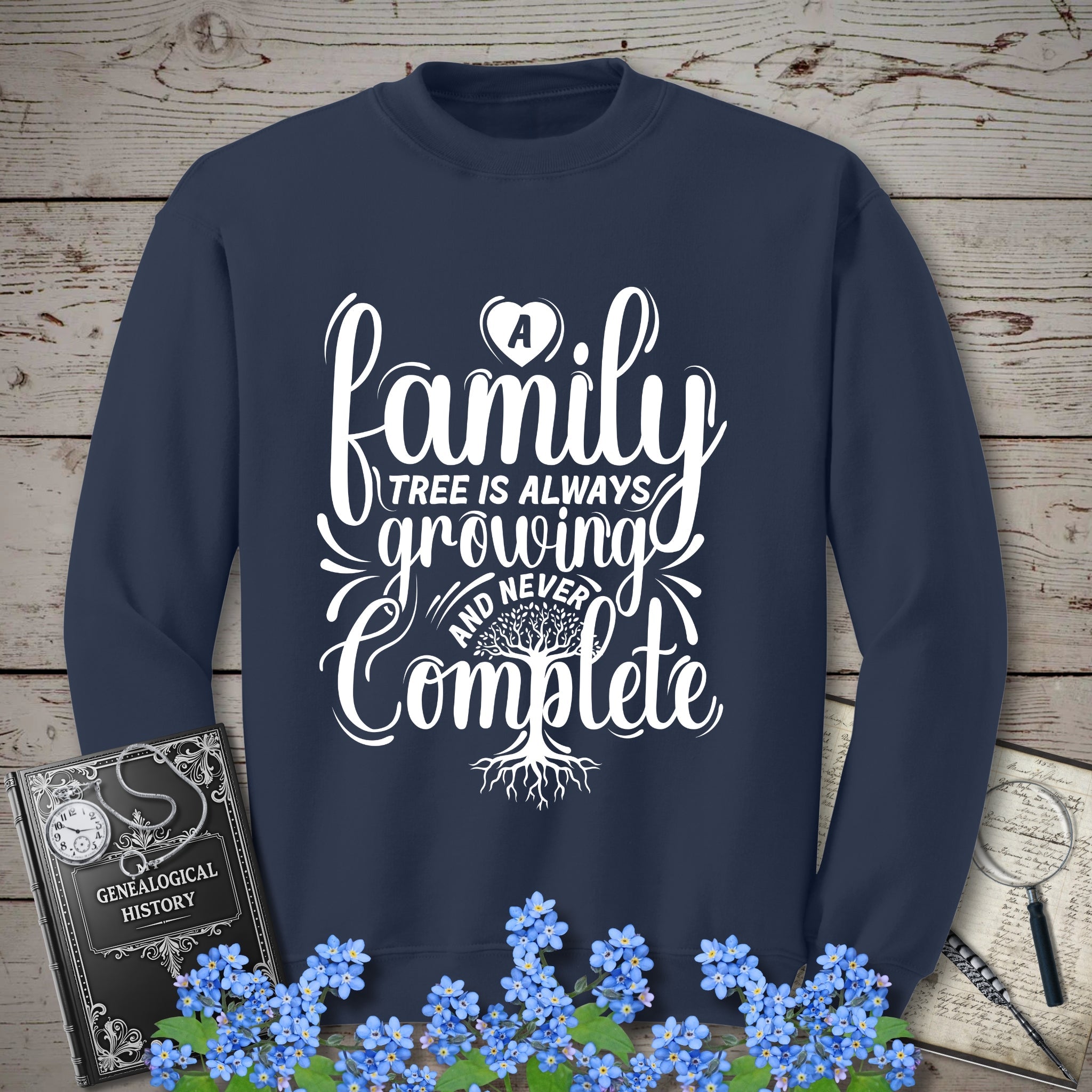 Family Tree Is Always Growing Sweatshirt in Navy by Genealogy Keepsakes