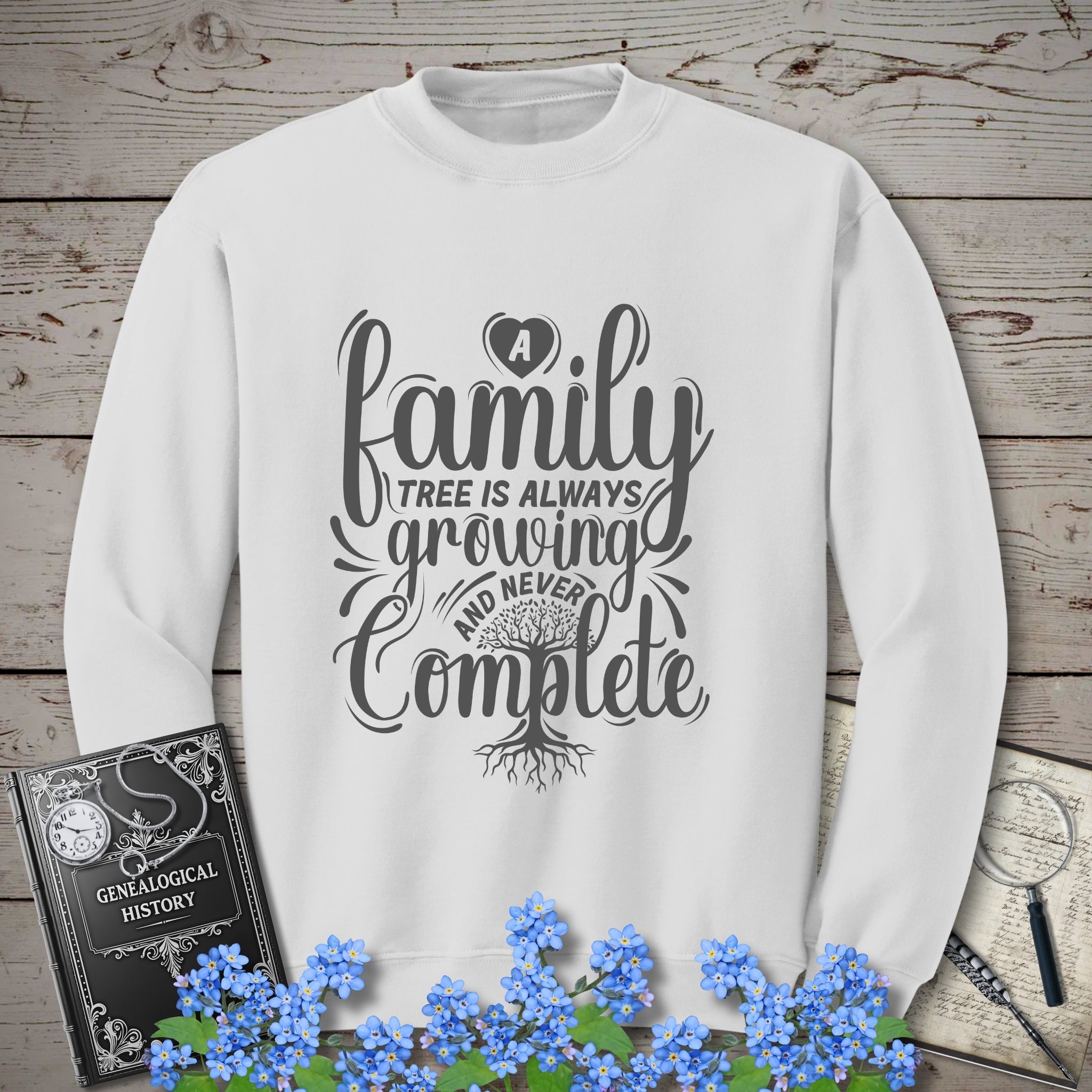 Family Tree Is Always Growing Sweatshirt in White by Genealogy Keepsakes