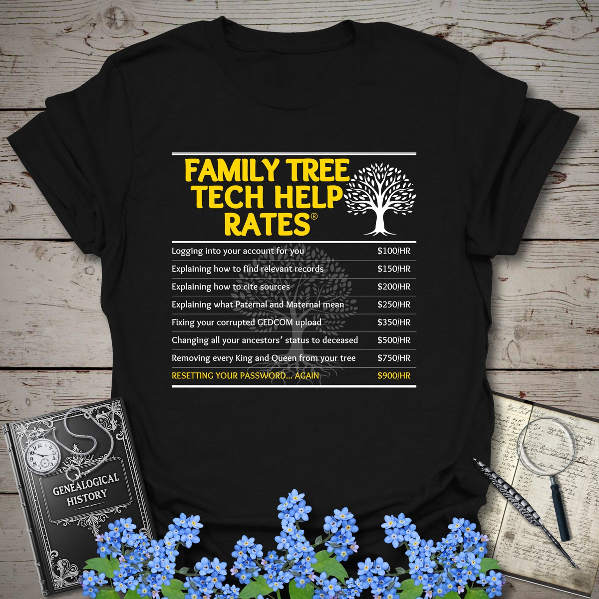 Family Tree Tech Help Rates T-Shirt - Genealogy Keepsakes Custom Genealogy Gift - Black S